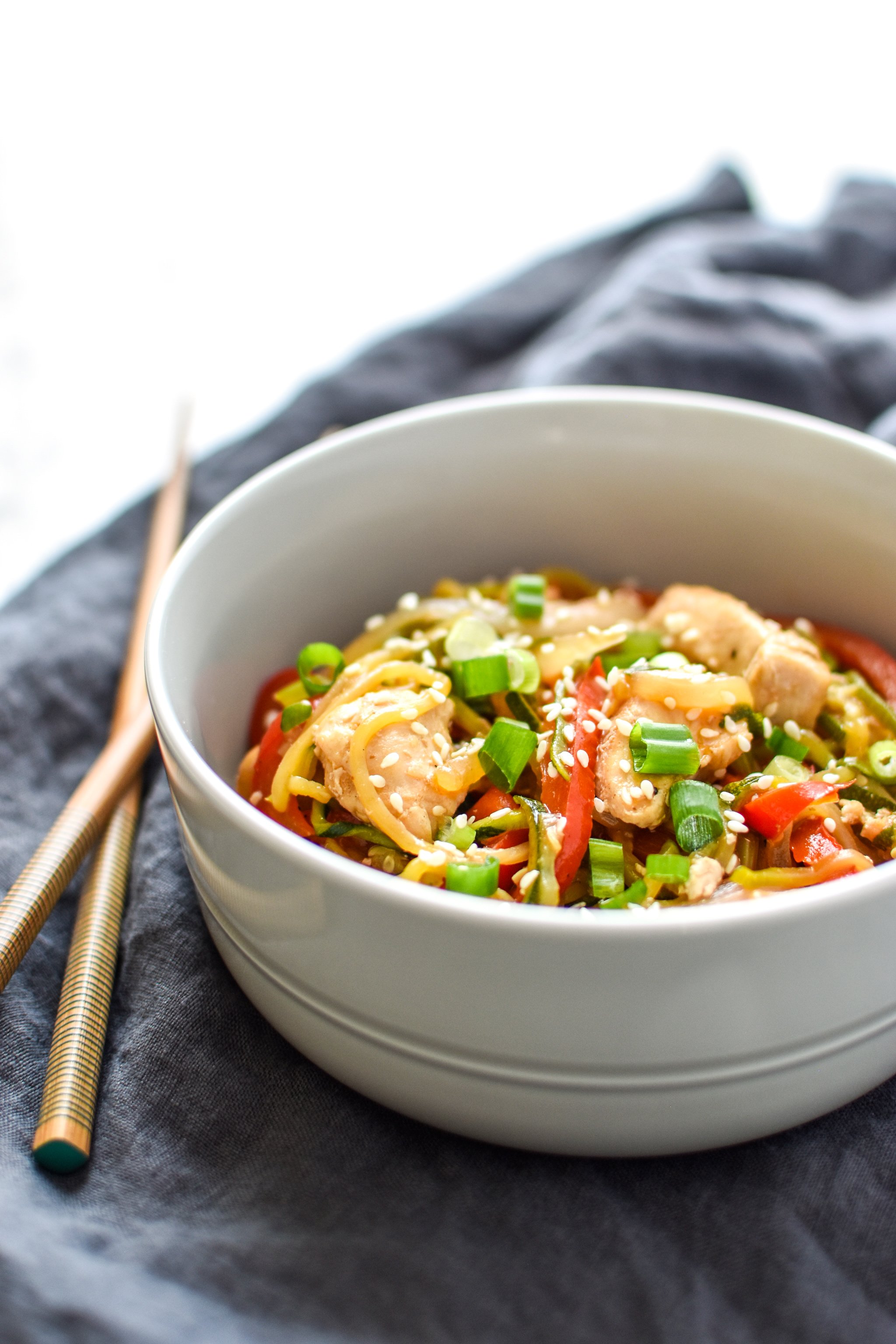 Zucchini Chicken "Lo Mein" - A noodle inspired dish made with zucchini noodles and juicy chicken breast. This Zucchini Chicken "Lo Mein" will satisfy your pasta and take-out cravings! - ProjectMealPlan.com