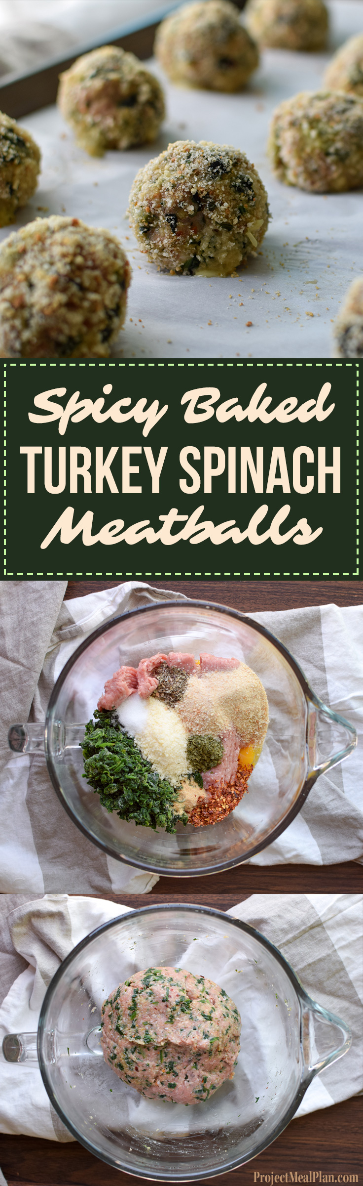 Spicy Baked Turkey Spinach Meatballs recipe - Ground turkey + spinach +all the right spices and a little heat make the best meatballs ever! - ProjectMealPlan.com