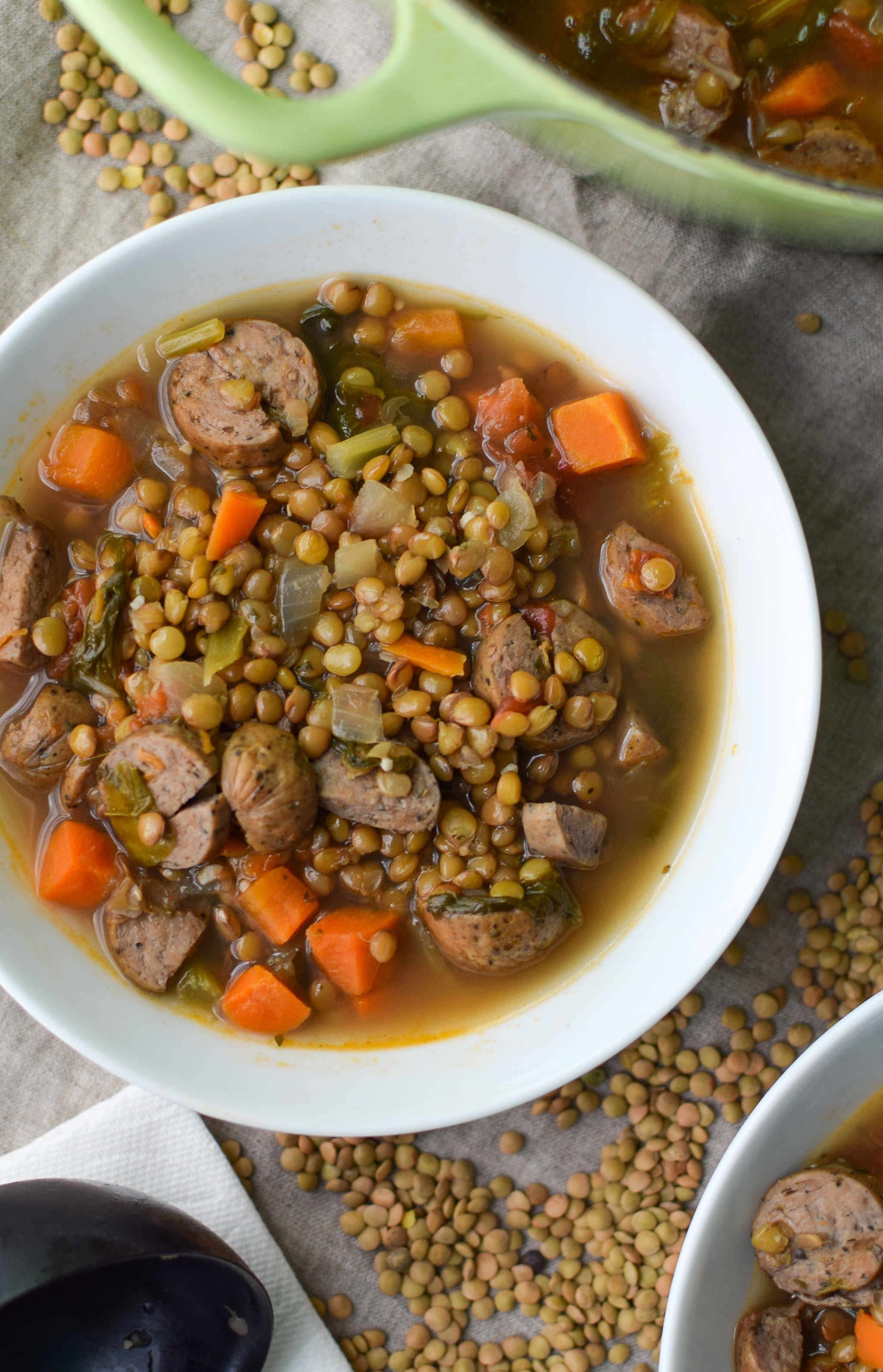 Vegetable & Chicken Sausage Lentil Soup recipe - Simple, hearty and delicious fall soup that will make your home smell amazing on any week night! ProjectMealPlan.com