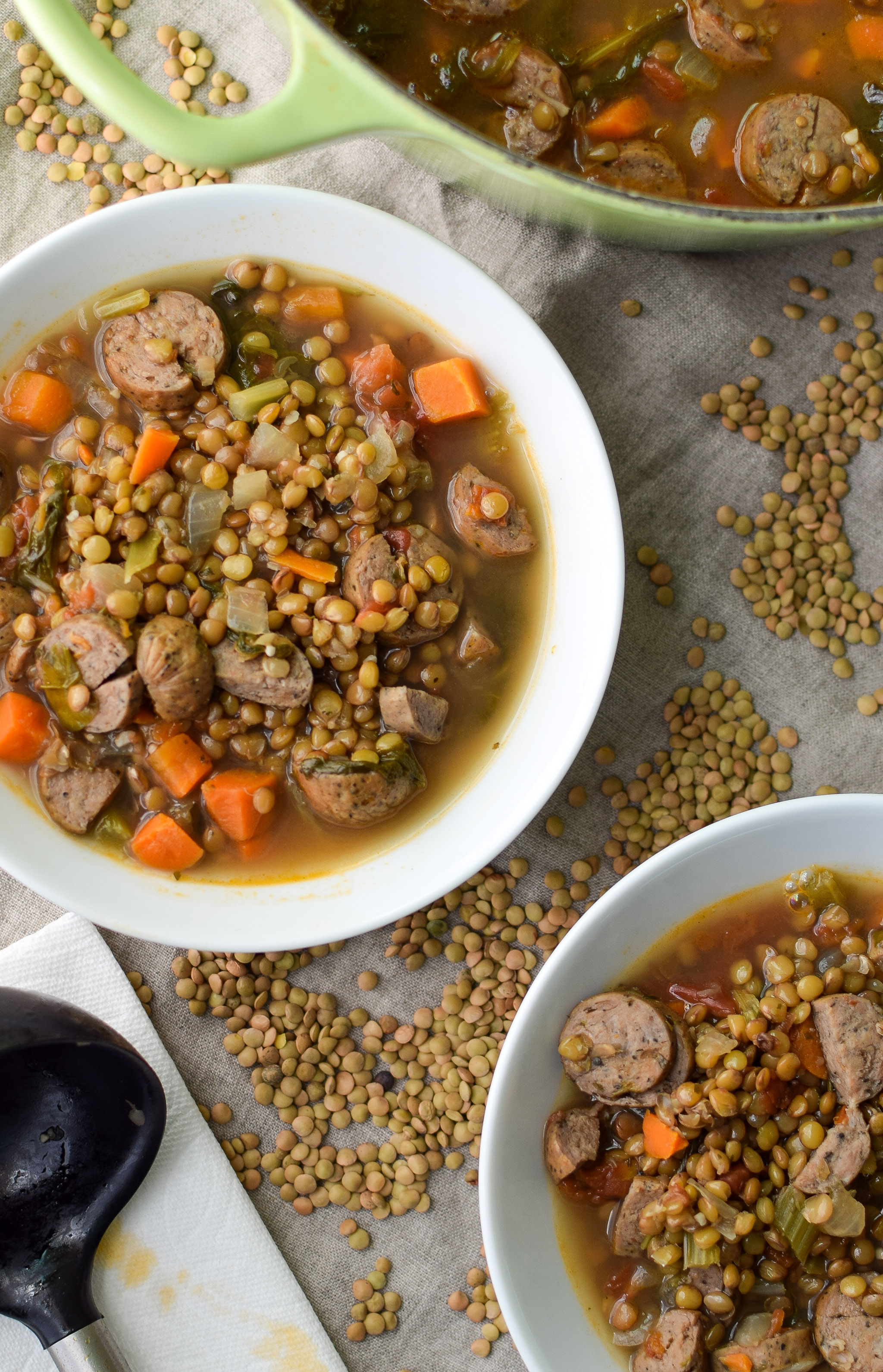 Vegetable & Chicken Sausage Lentil Soup recipe - Simple, hearty and delicious fall soup that will make your home smell amazing on any week night! ProjectMealPlan.com