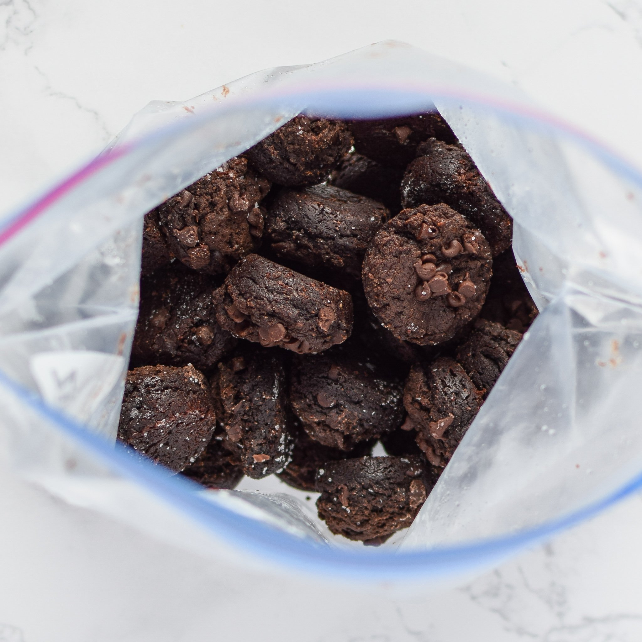 freezer friendly sweet potato brownie bites in a freezer bag