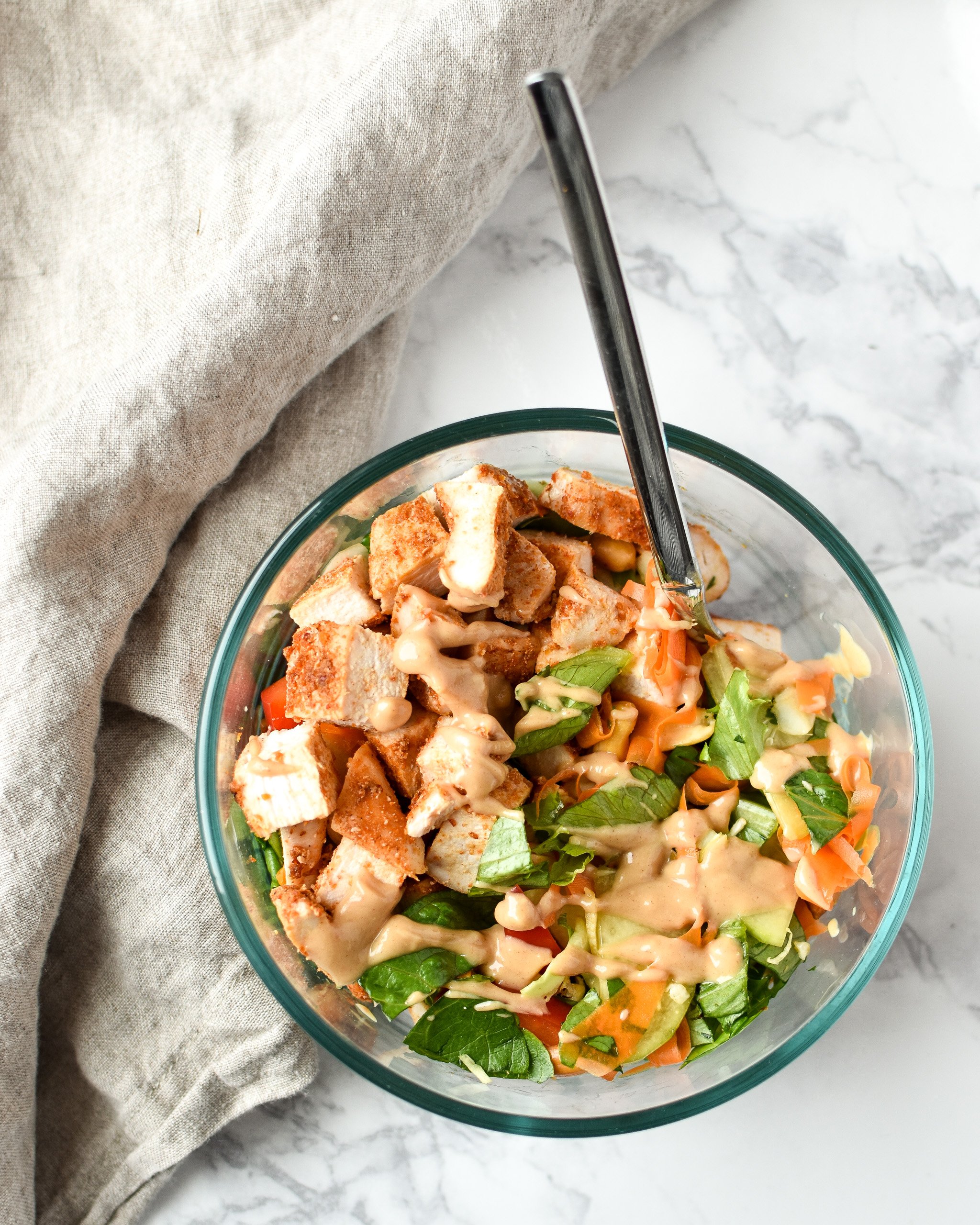 Chopped Salad with Sriracha Tofu & Peanut Dressing