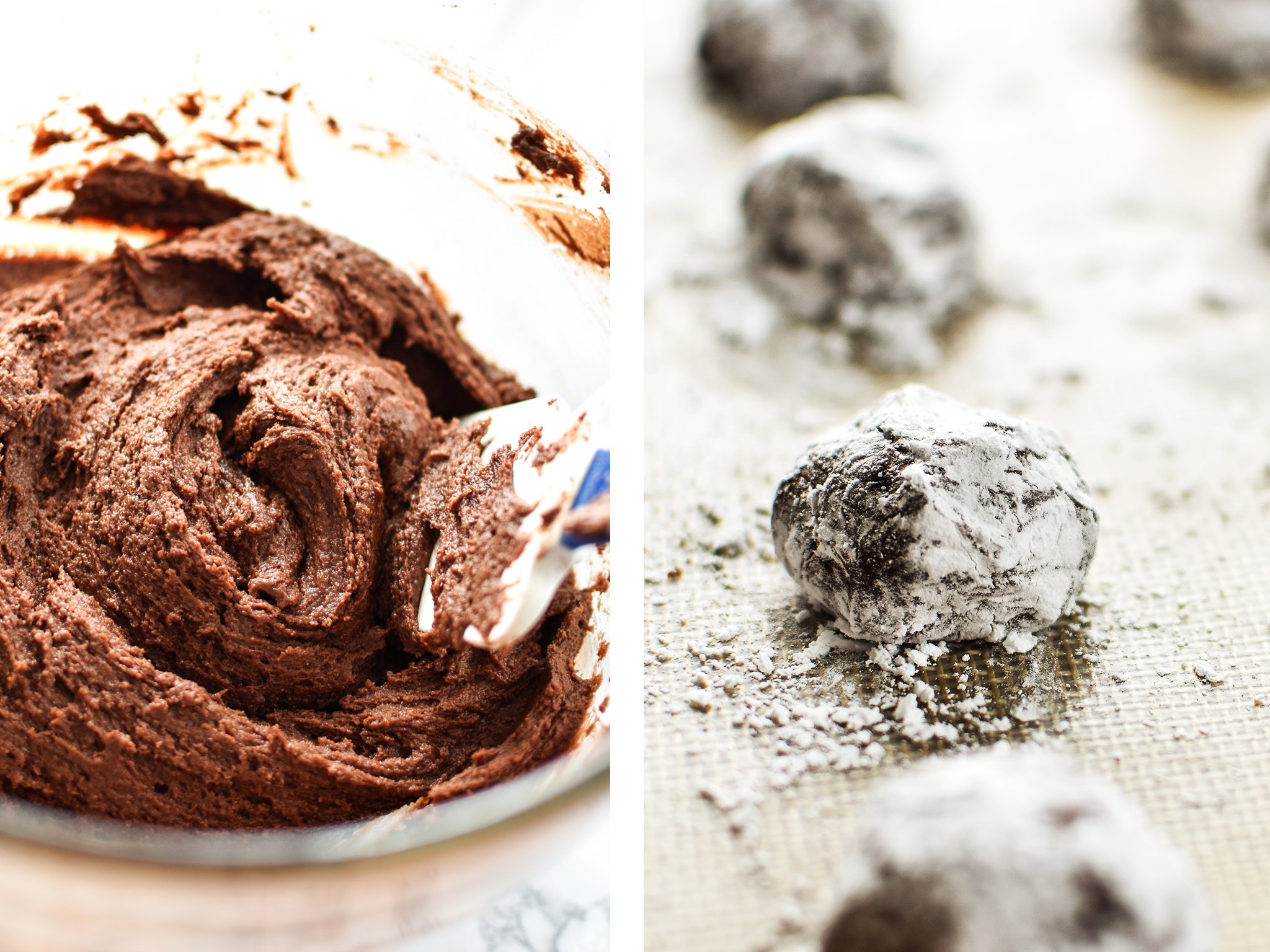 Batter in a bowl and cookie dough rolled in powdered sugar.
