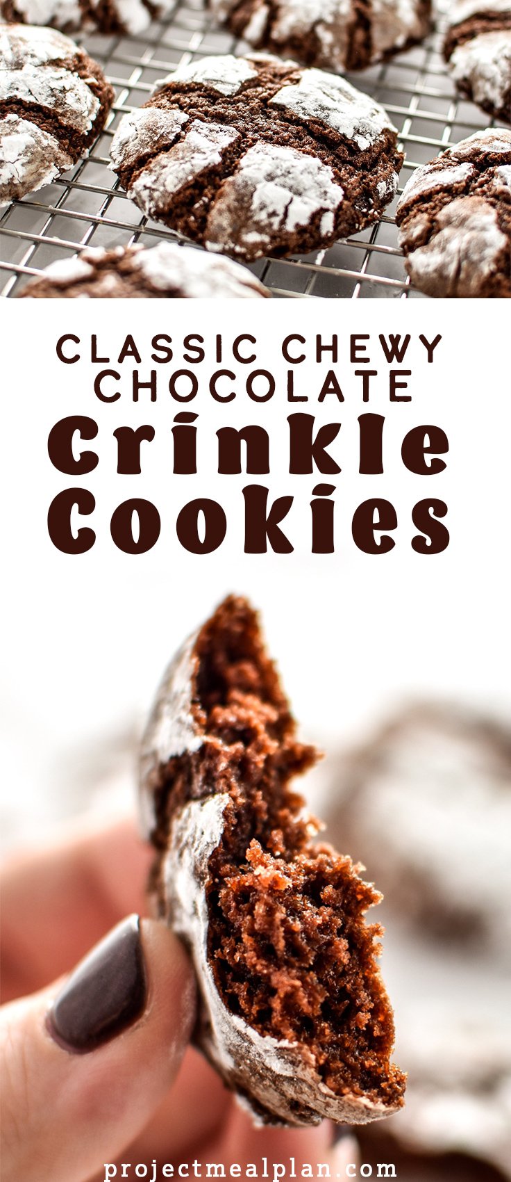 Long pin Pinterest image for Classic Chewy Chocolate Crinkle Cookies featuring two photos and a title.