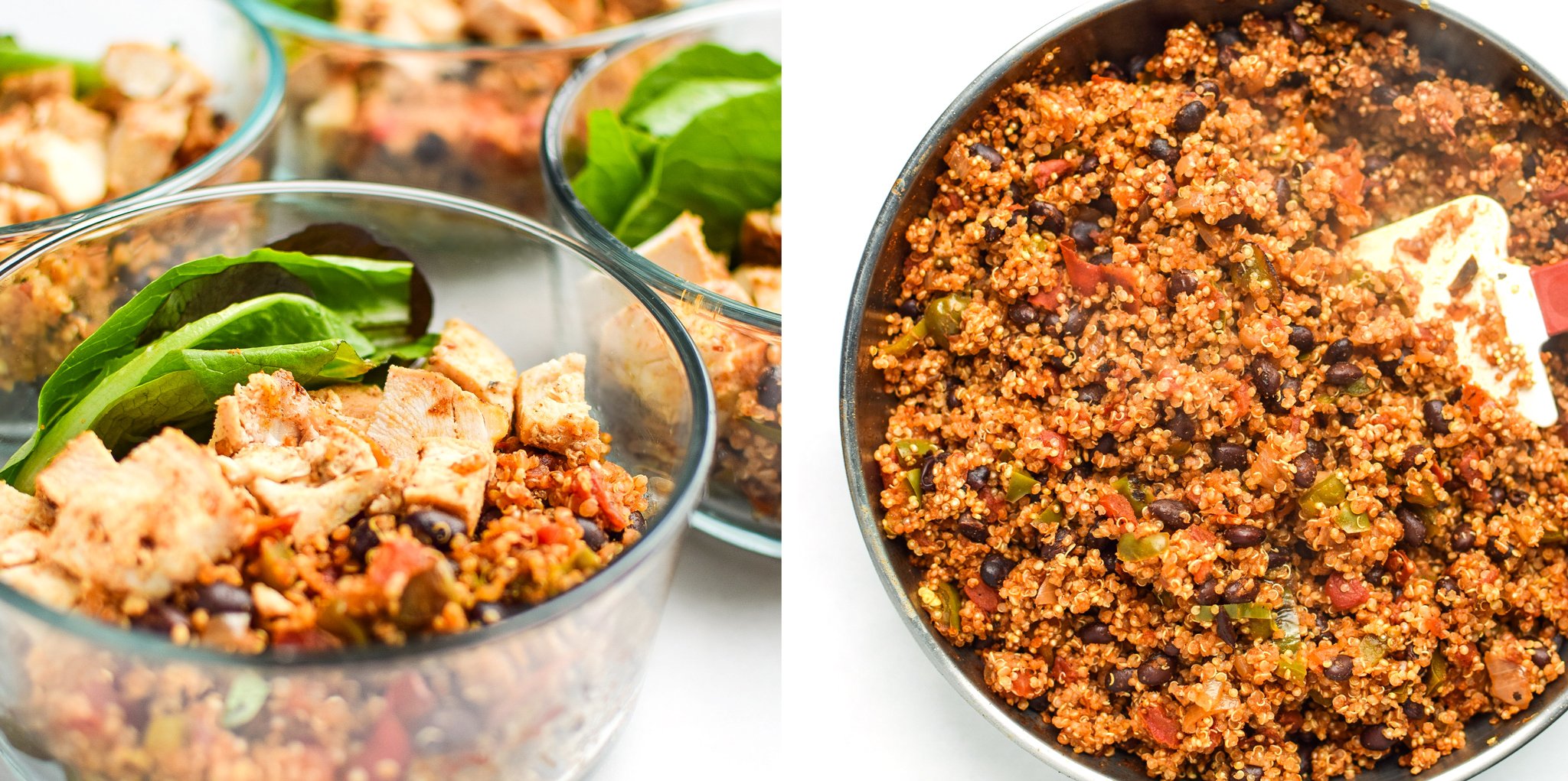 mexican quinoa chicken salad lunch bowls portioned in pyrex and made in a skillet