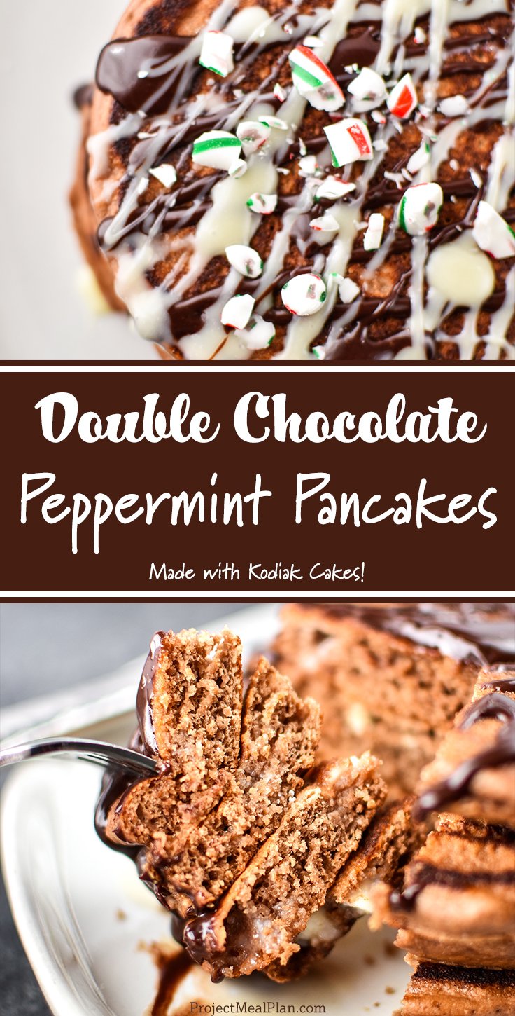 Pancakes being drizzled with chocolate with text, Double Chocolate Peppermint Pancakes