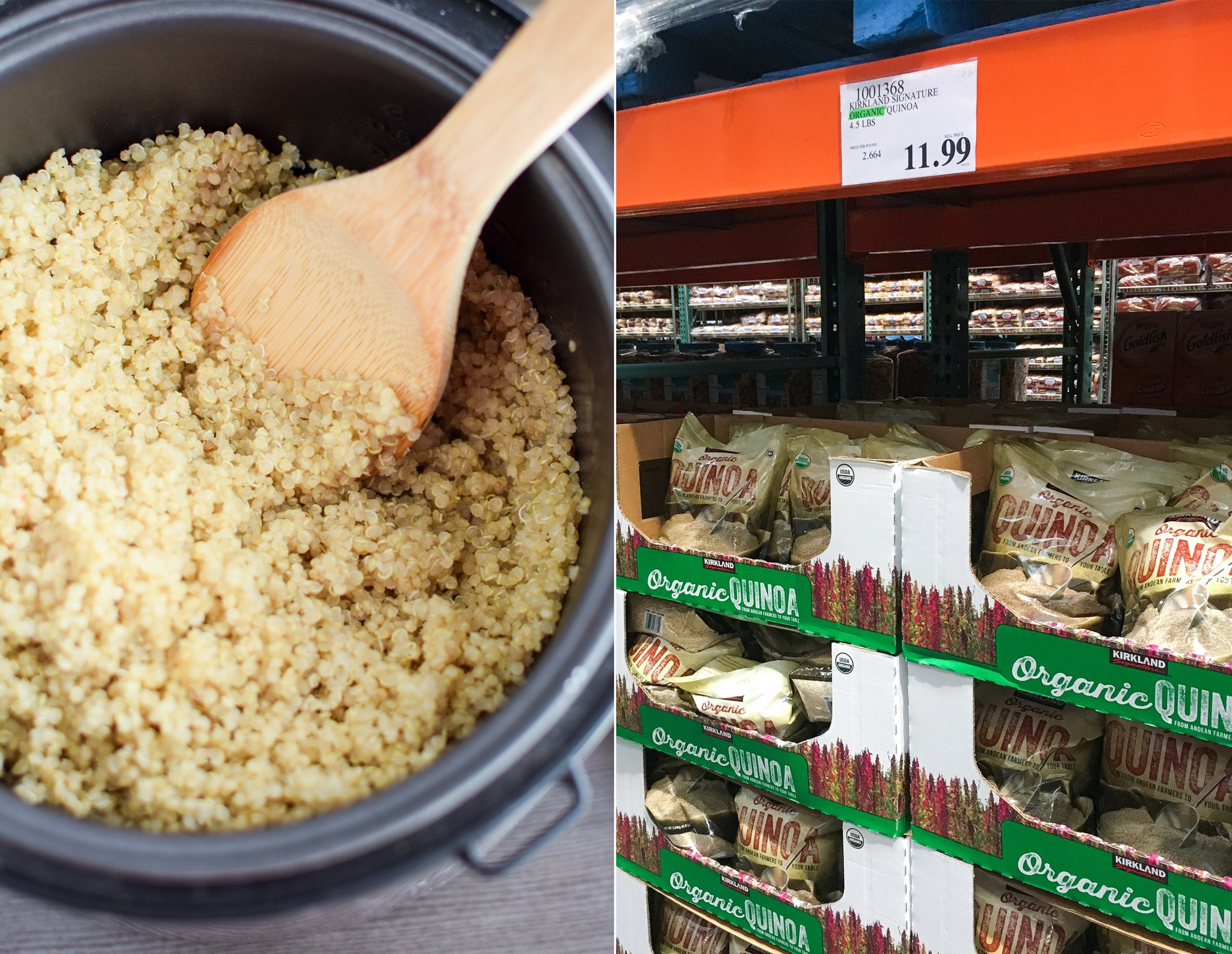 quinoa being made in a rice cooker and quinoa on the shelves at costco