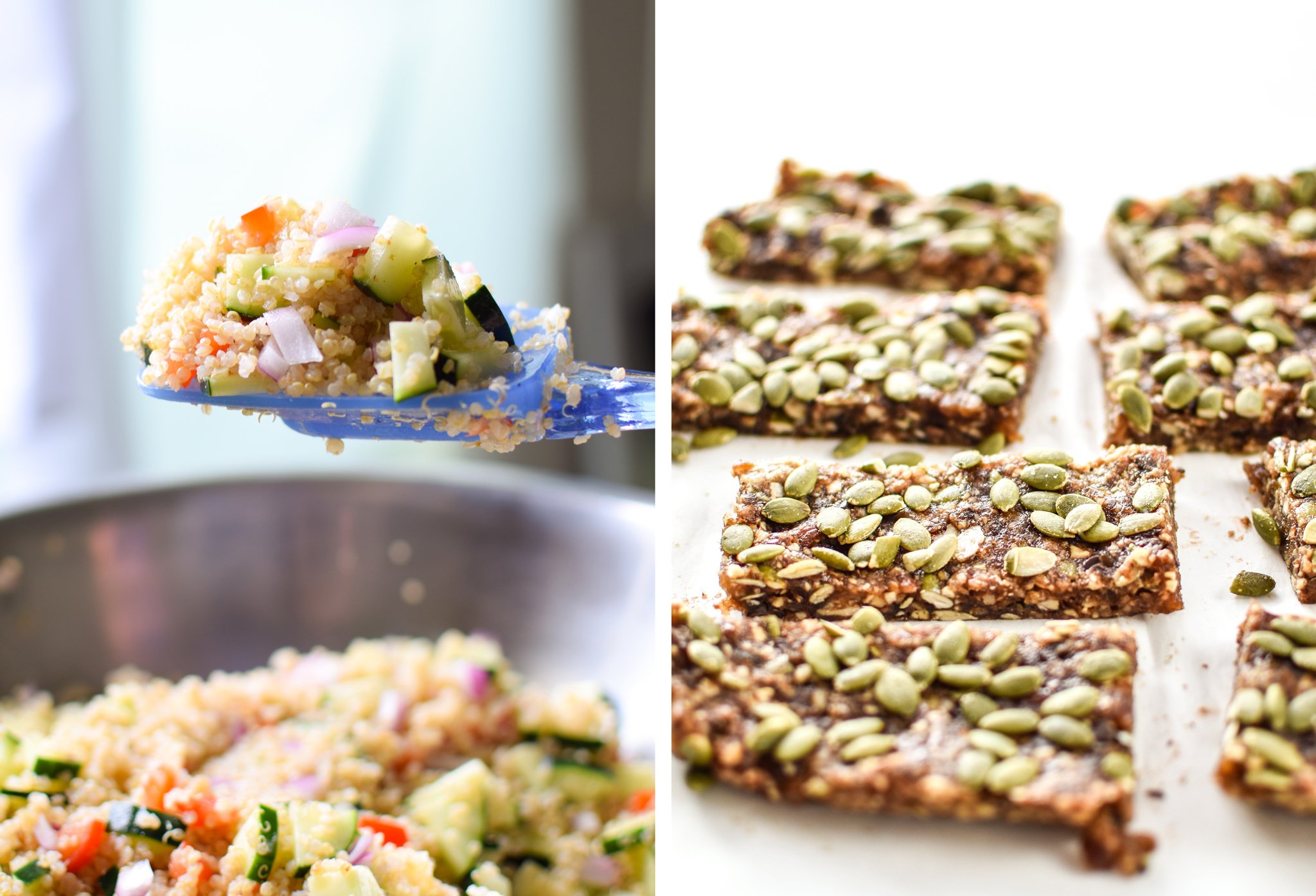 Quinoa salad with a hazy blue and grey background on the left; No-Bake Date bars on the right with a clean white background.