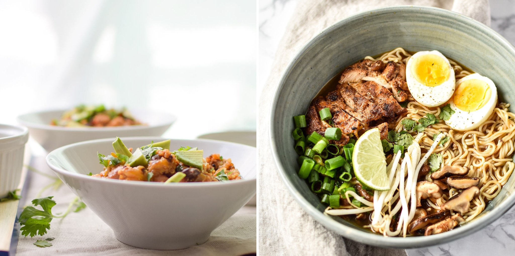 Bowls of taco casserole on the left; one bowl of ramen with chicken and eggs on the right.