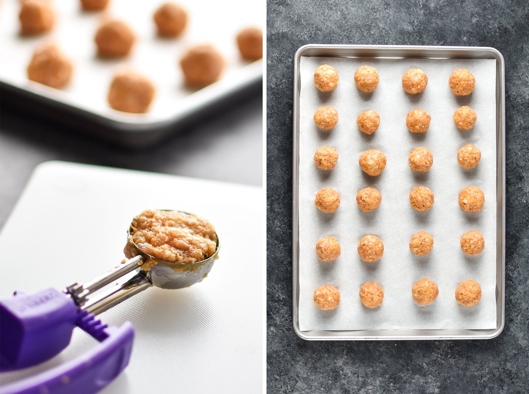 Scoops of raw meatball mixture and a sheet pan of meatballs ready to be cooked.