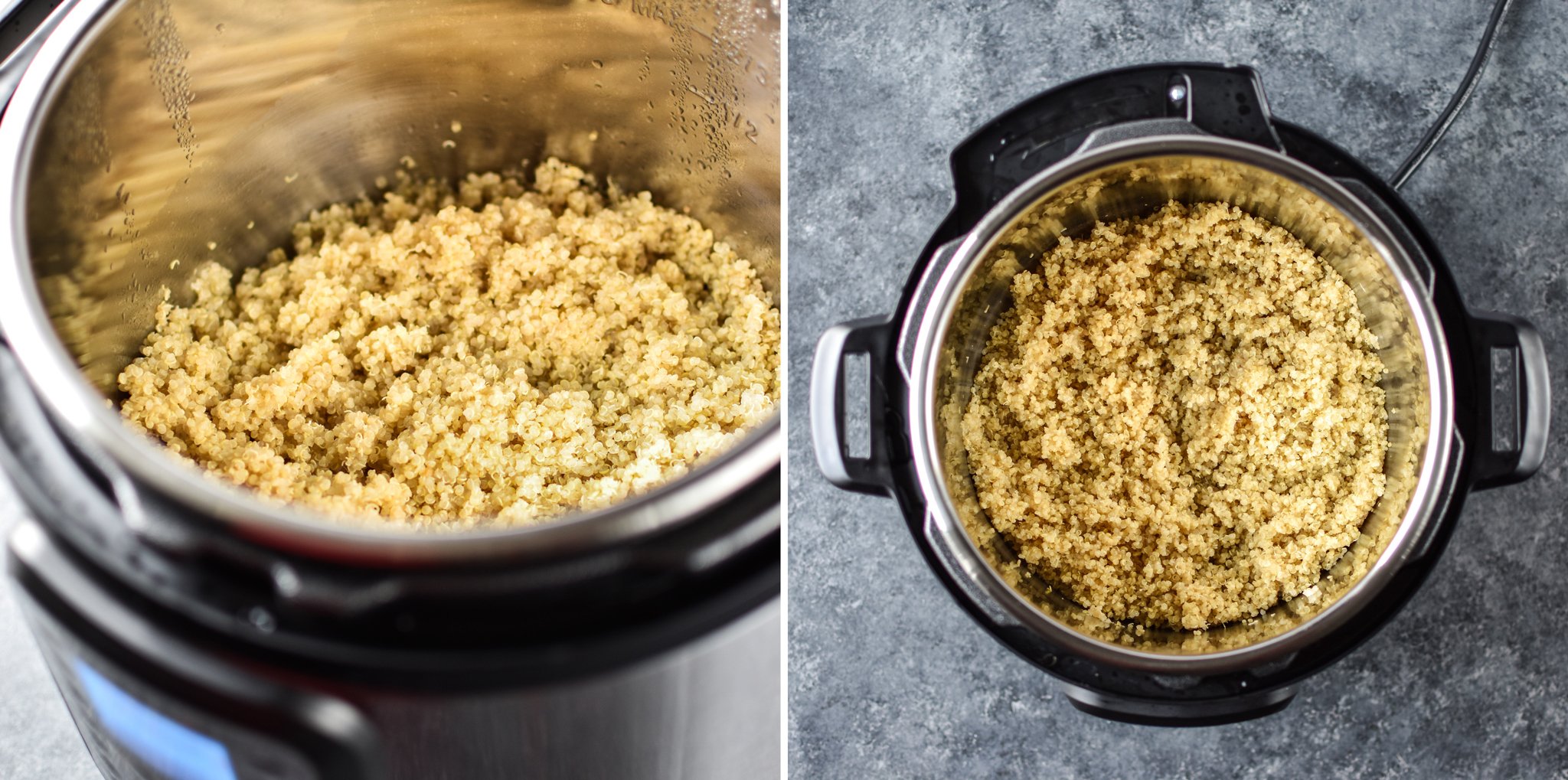 Cooked quinoa in the Instant Pot with two views - one seen from straight above and one from a side angle.