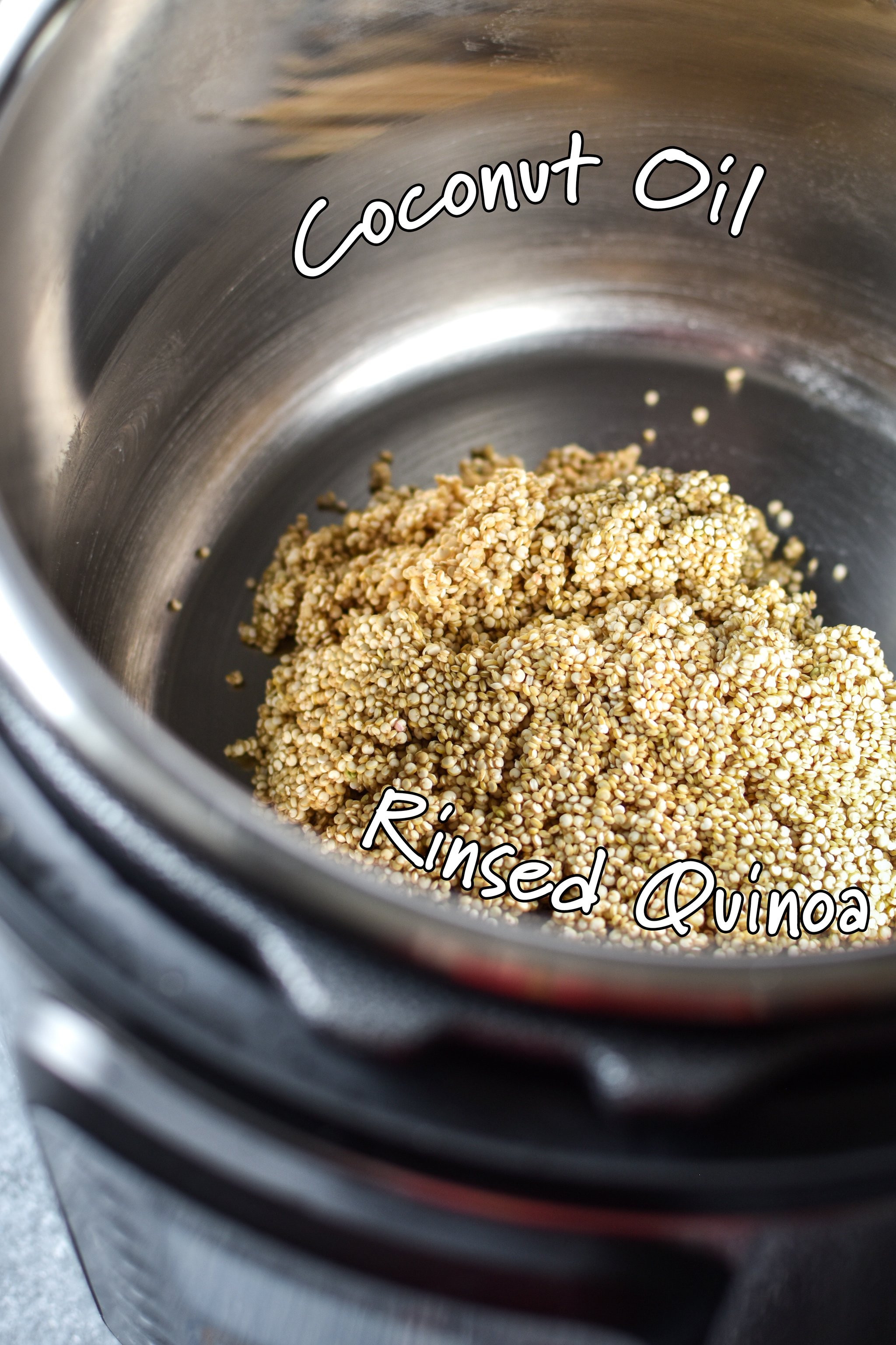 Uncooked quinoa placed into the Instant Pot with labels for coconut oil and rinsed quinoa.