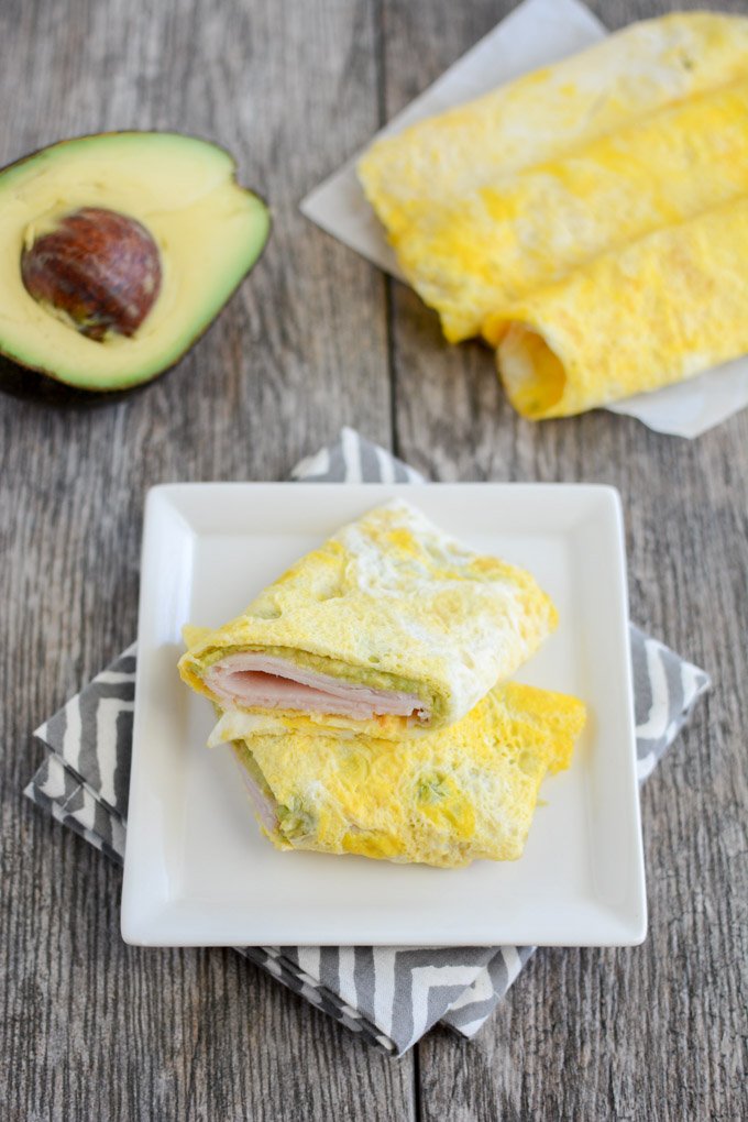 Egg wraps with turkey and avocado.