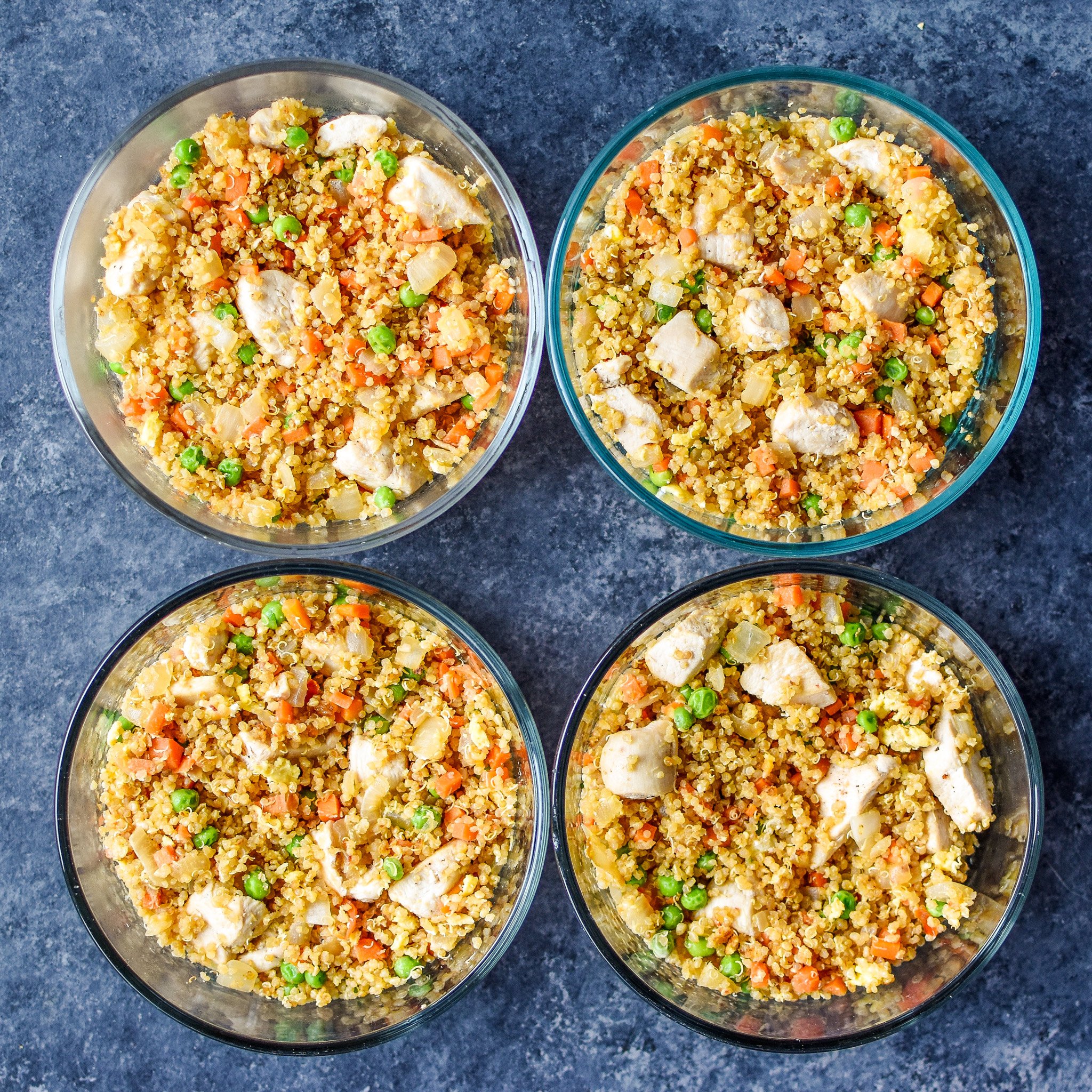 Meal prepped chicken quinoa fried rice.