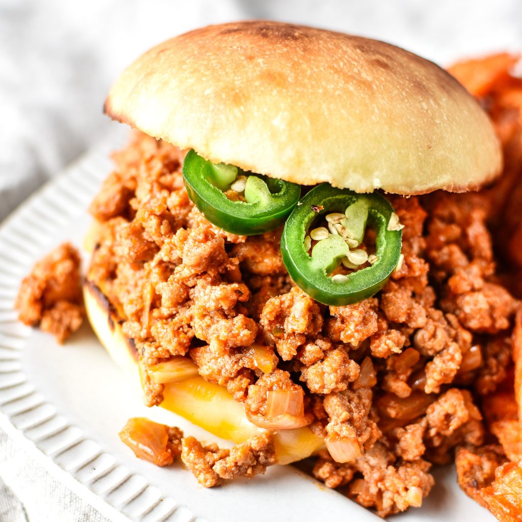 Turkey sloppy joes on a plate.