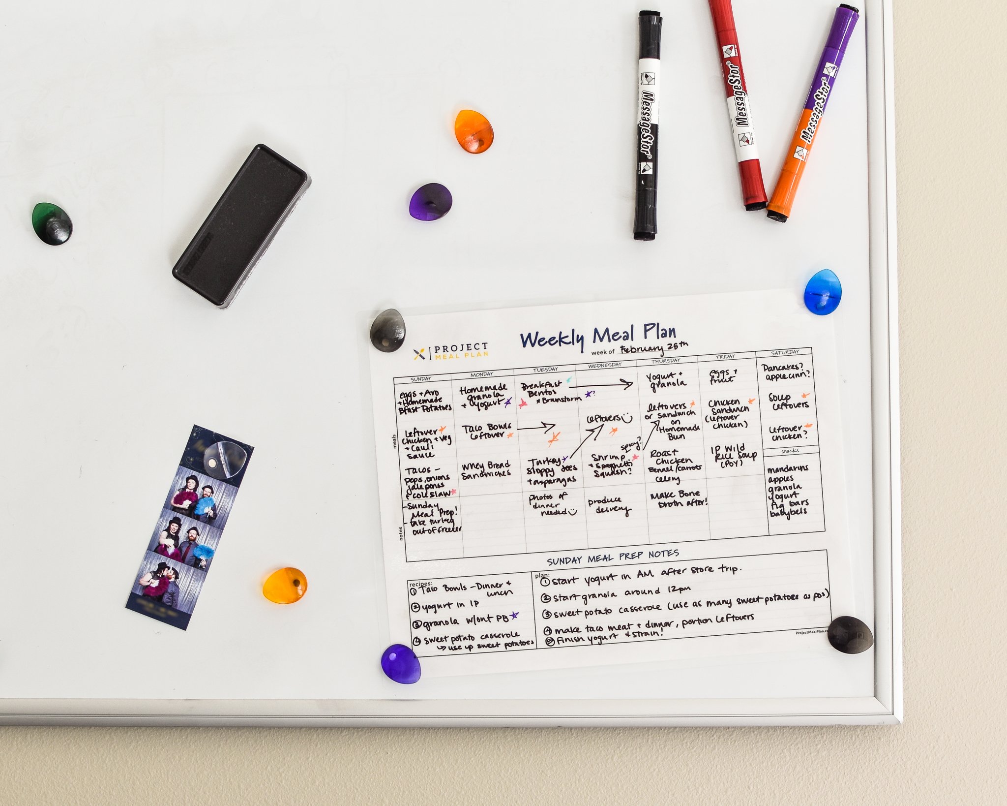 a weekly meal planner template attached to a white board with magnets