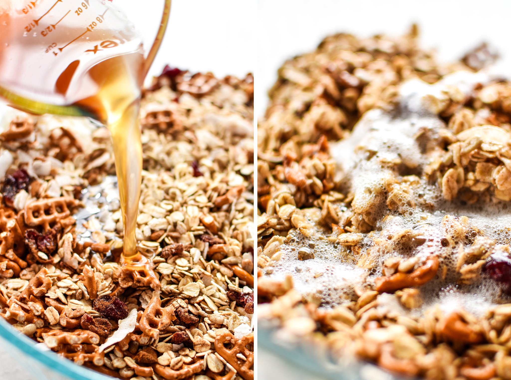 Pouring ingredients into the bowl of granola mixture.
