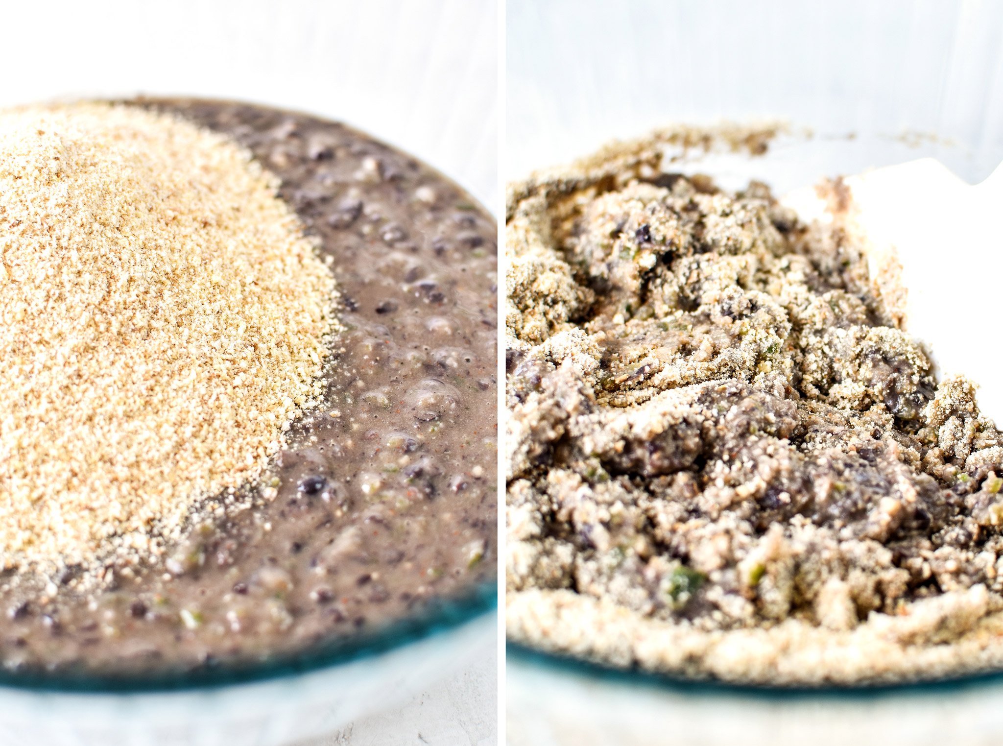Left: Black bean burger mixture with breadcrumbs added. Right: Black bean burger mixture with the breadcrumbs being stirred in.