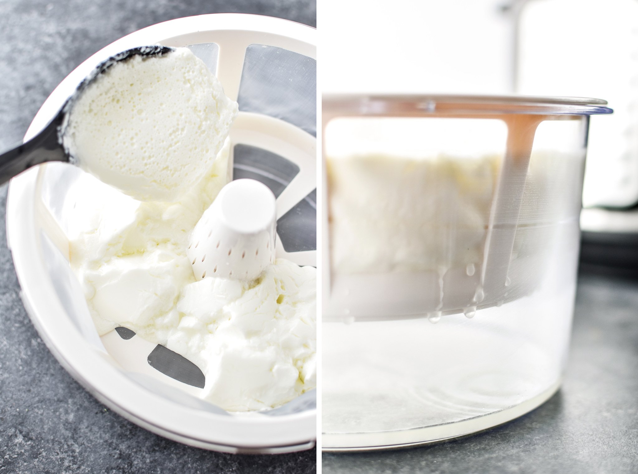 Left: Adding yogurt to the strainer. Right: Yogurt straining in the strainer with whey draining off.