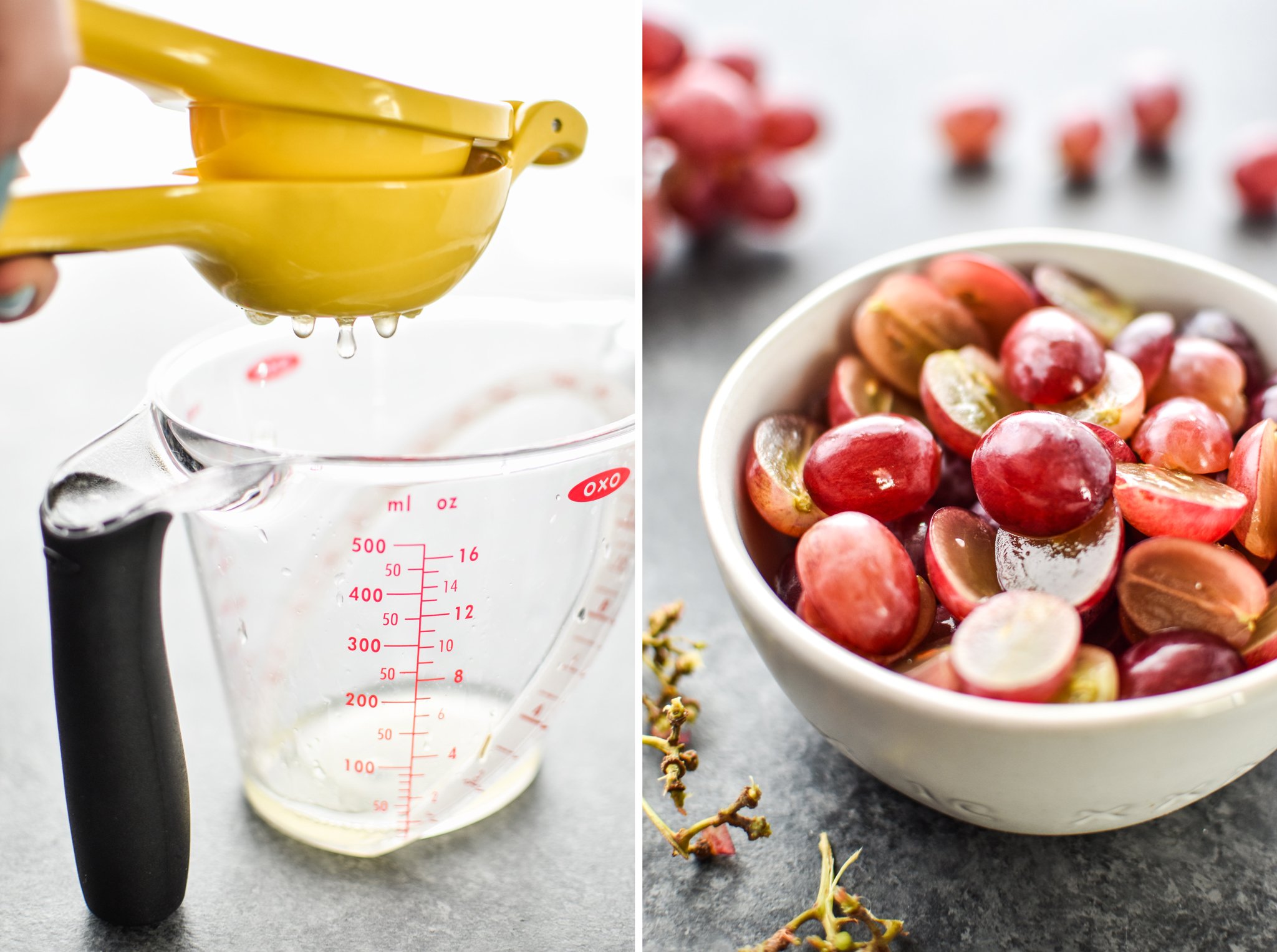 Left: Squeezing lemon juice to make the lemon poppyseed dressing. Right: Sliced grapes to be added to the salad.