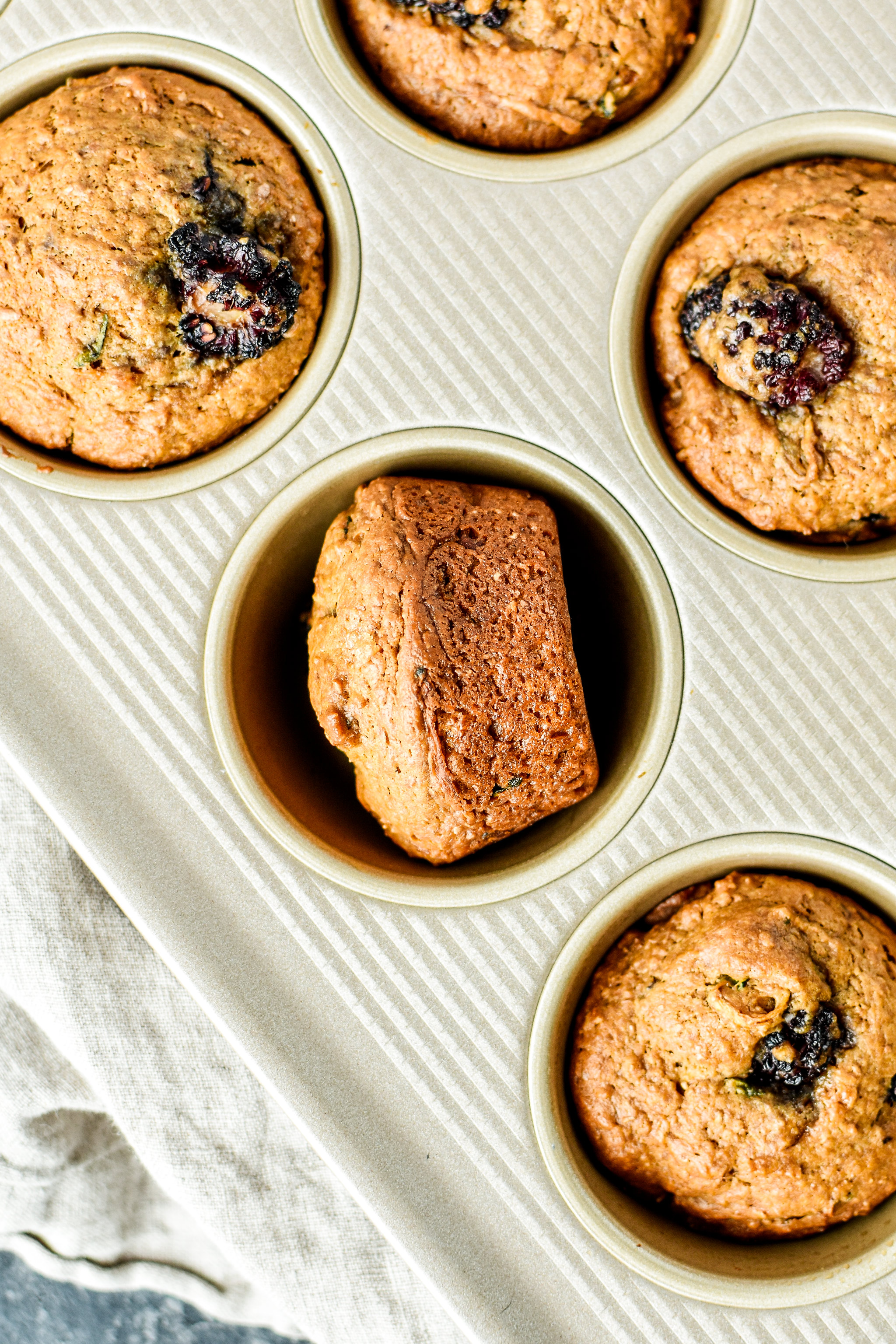 A fresh batch of Blackberry Bran Muffins made in the OXO pro muffin tin.