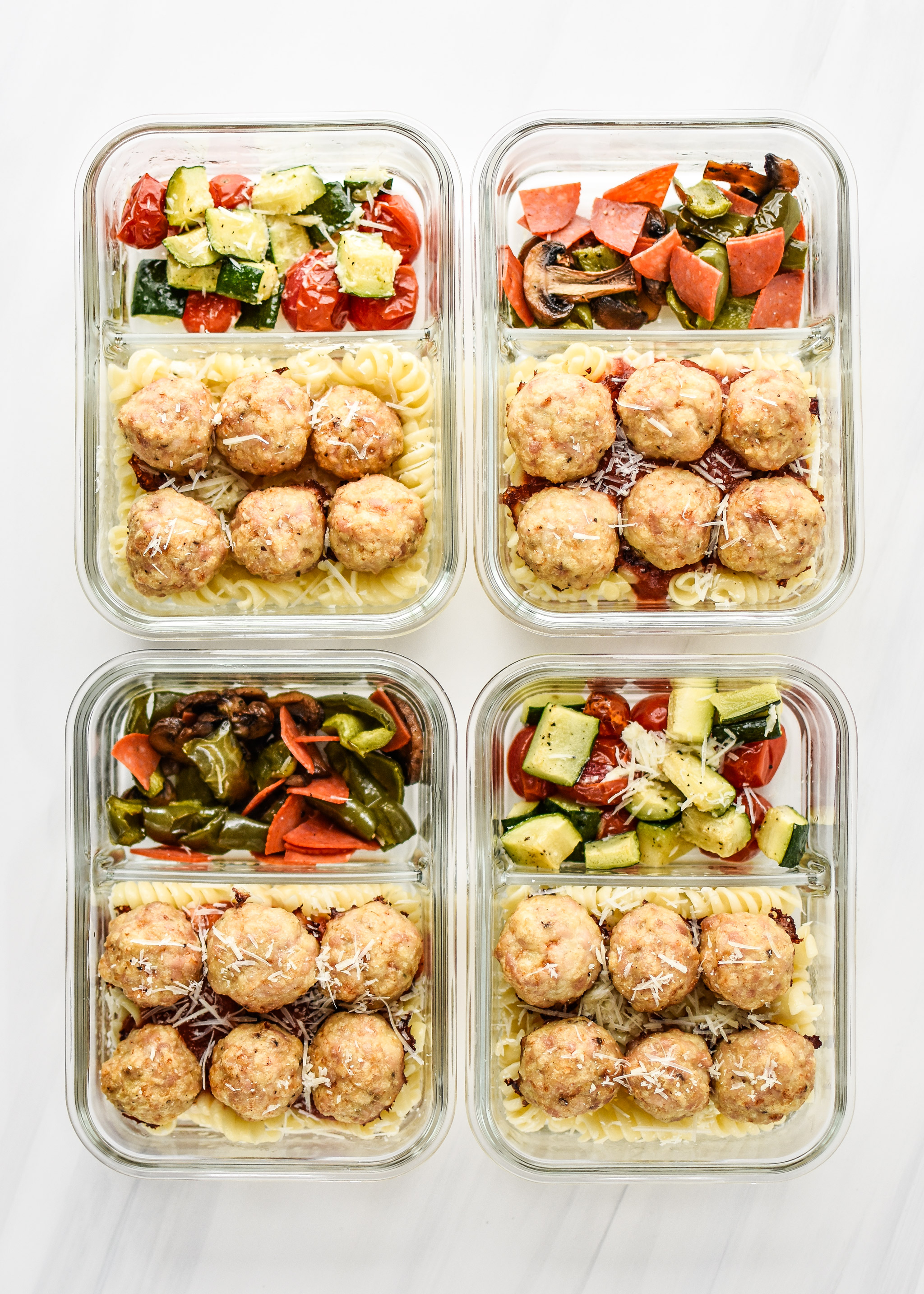Four portions of the Chicken Meatballs Two Ways Meal Prep Lunches.