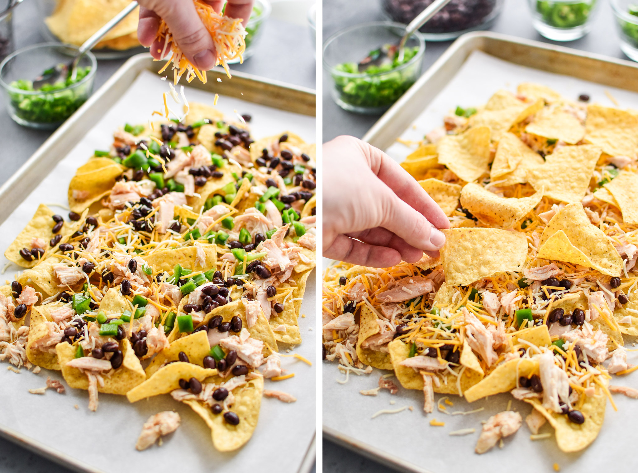 Adding cheese and then topping with a second layer of tortilla chips - prep ahead rotisserie chicken nachos.