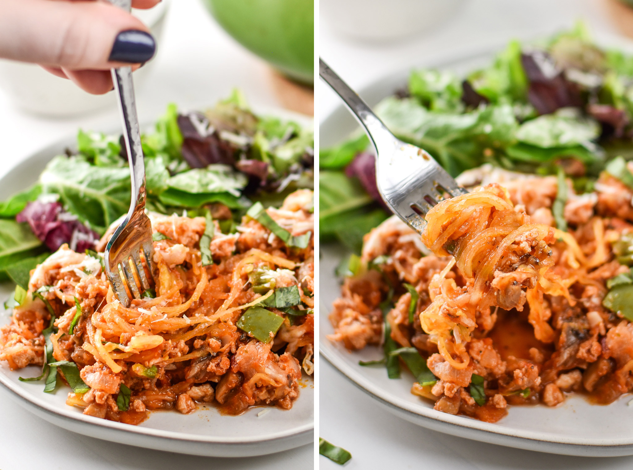 Taking bites of the spaghetti squash spaghetti bake