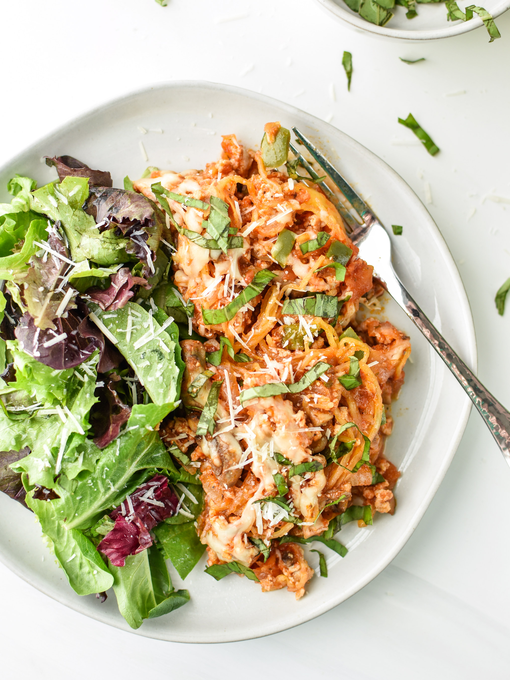 Low Carb Spaghetti Squash Spaghetti Bake with salad