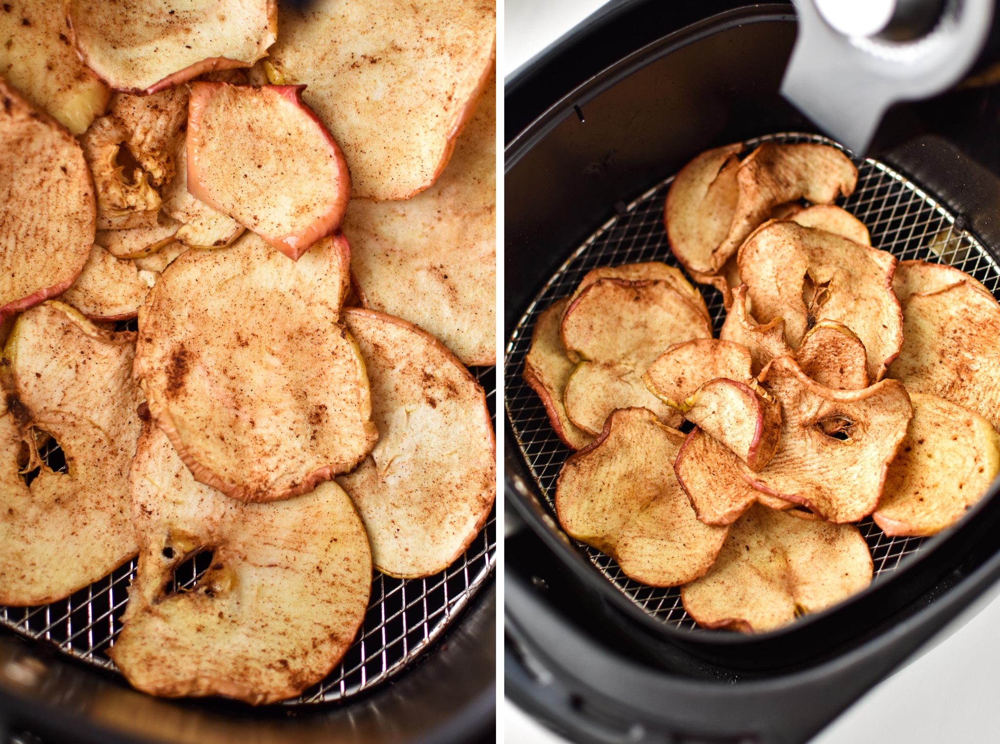 Left: Apple chips after 10 minutes in the air fryer. Right: Apple chips after 22 minutes in the air fryer