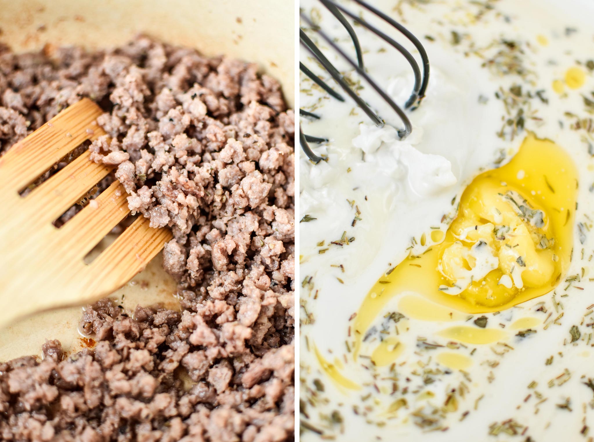 Left: Cooked breakfast pork sausage broken into small bits. Right: Simmering ghee with coconut cream, broth and almond milk for the sausage breakfast gravy.