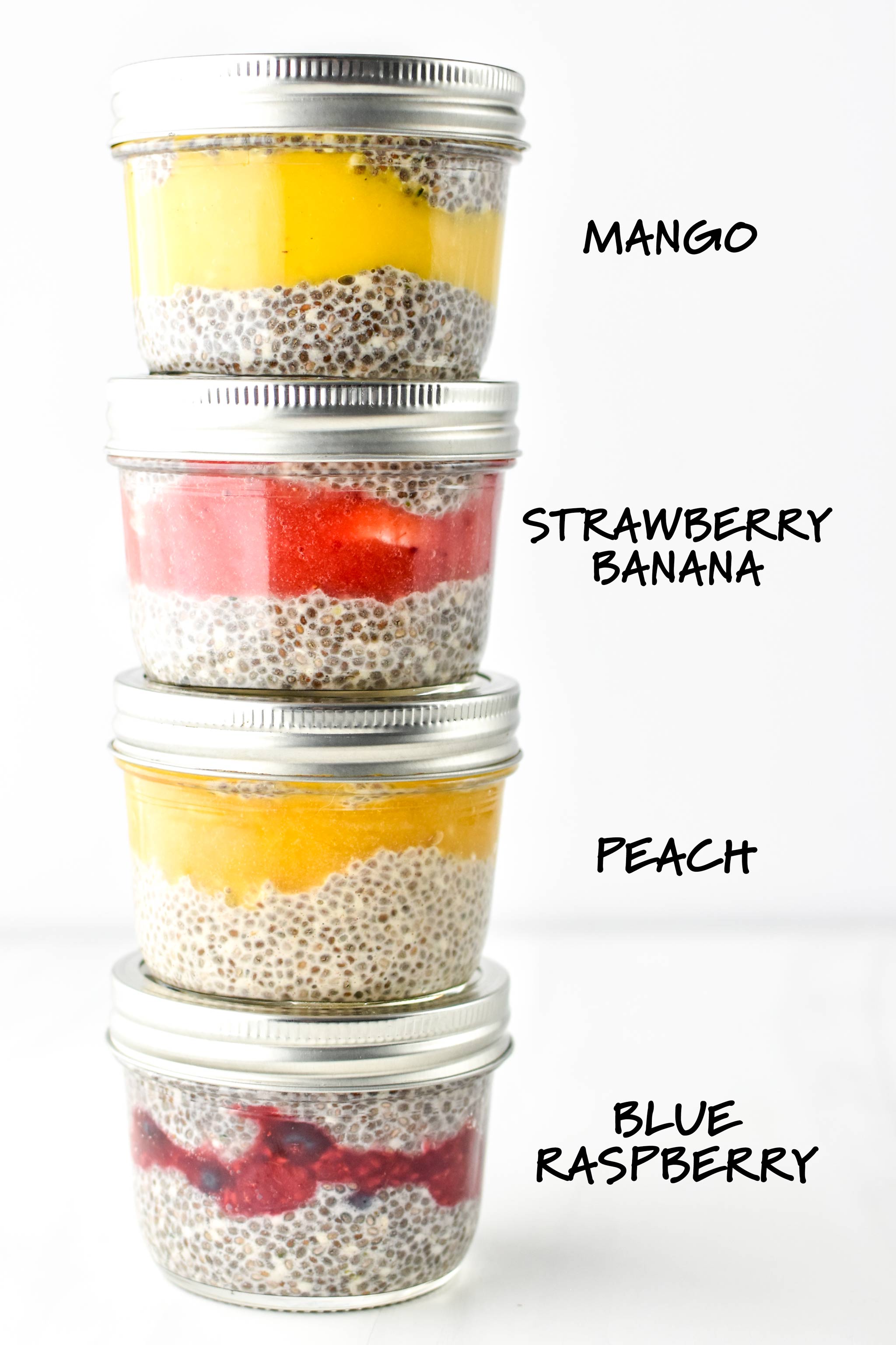 Chia Pudding Breakfast Parfaits in four flavors from top to bottom; mango, strawberry banana, peach, blue raspberry
