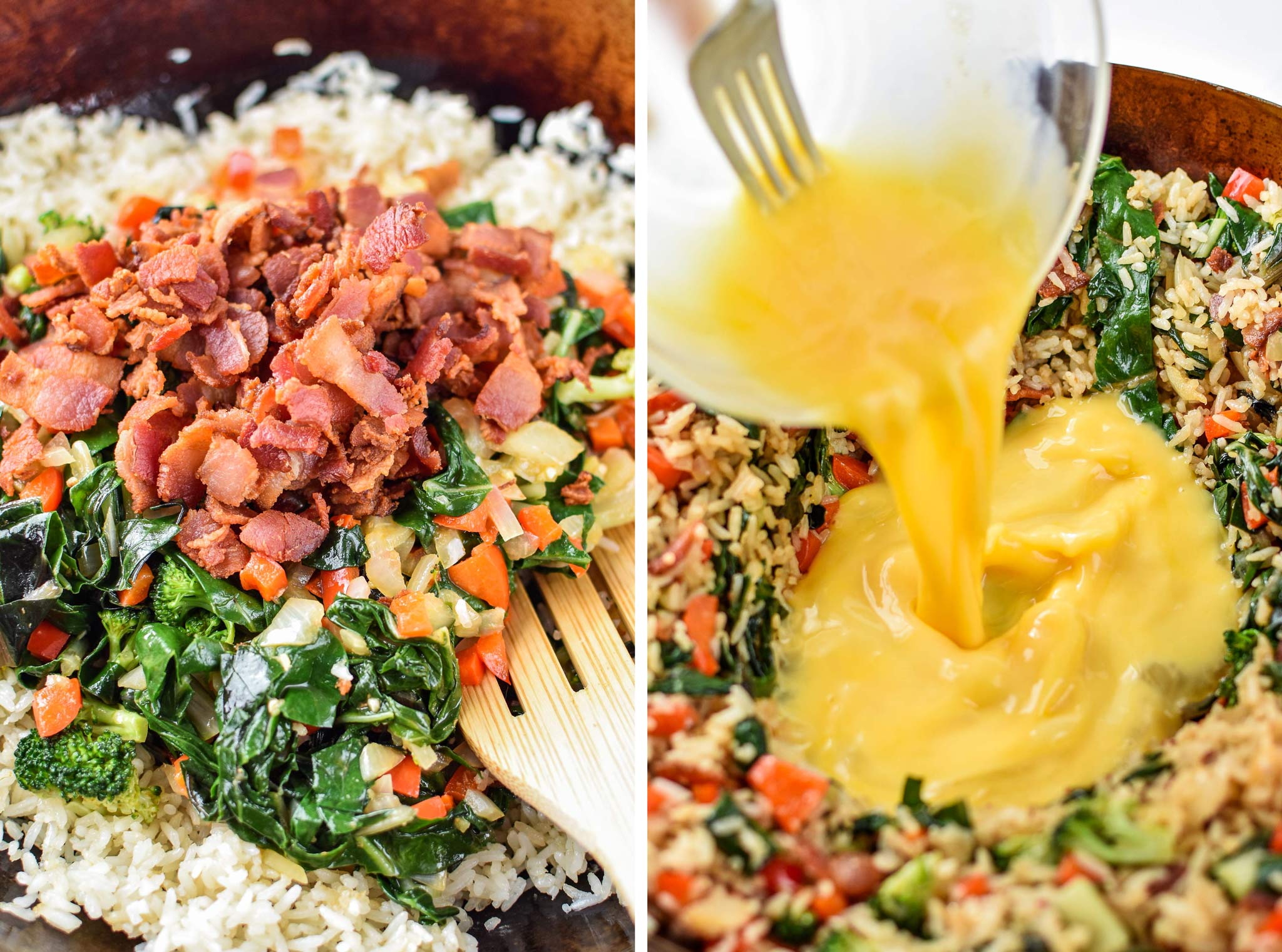 preparing the veggie packed breakfast fried rice