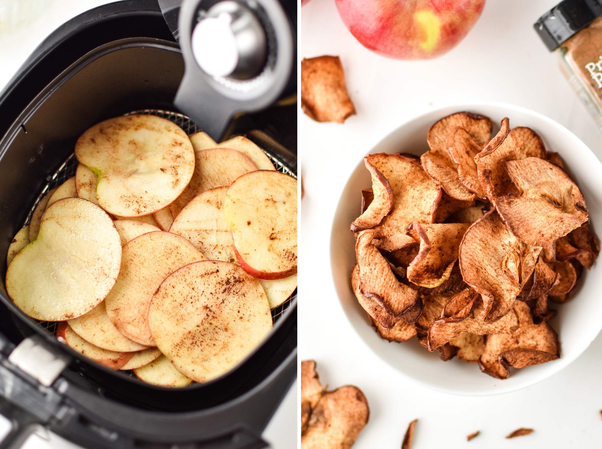 making apple chips in your air fryer isn't difficult - use one apple at a time and season with cinnamon!