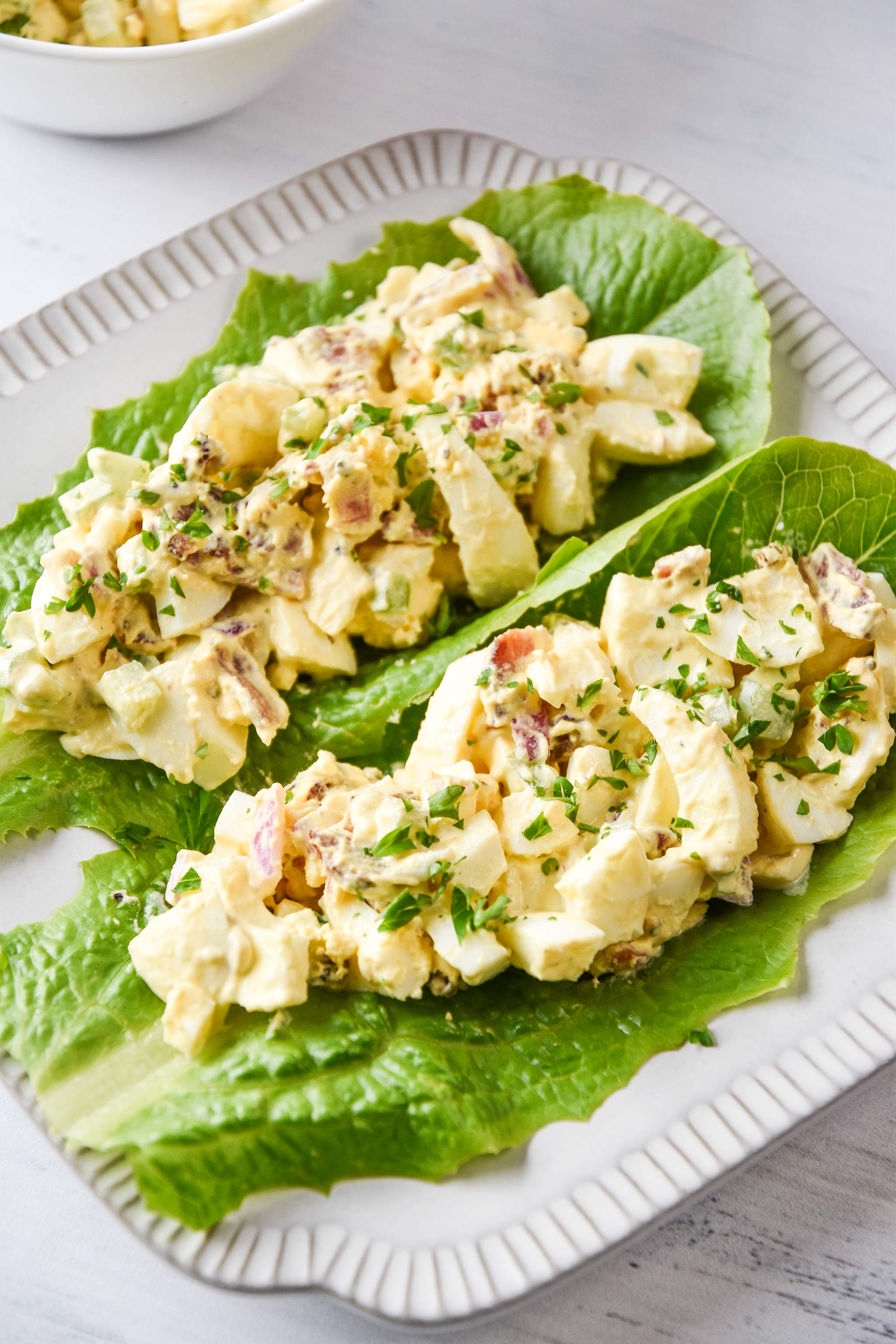 whole30 egg salad with bacon made into lettuce wraps