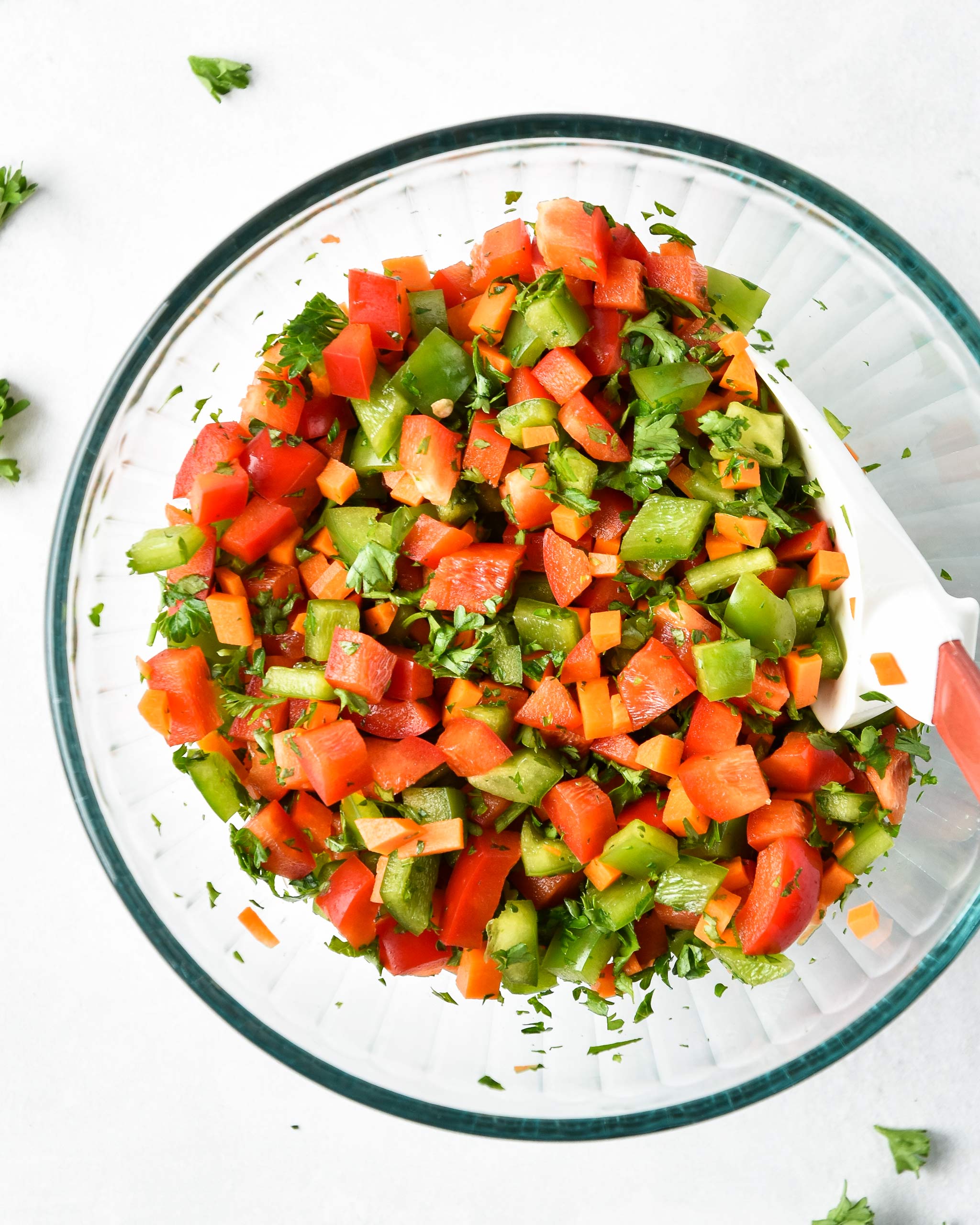 everyday vegetable confetti mixed up in a bowl