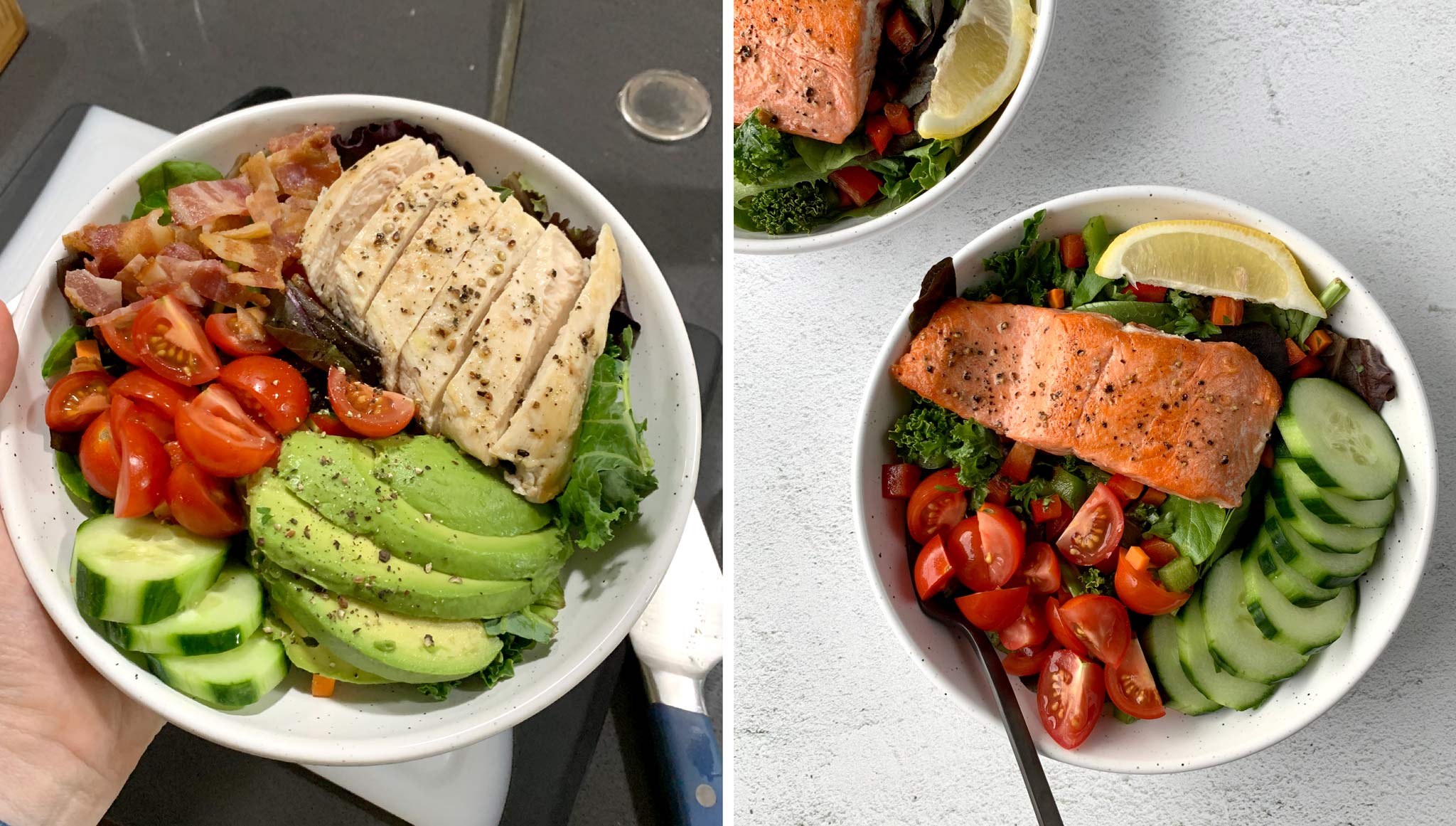 salads i've been hiding kale in lately! chicken BLT and salmon