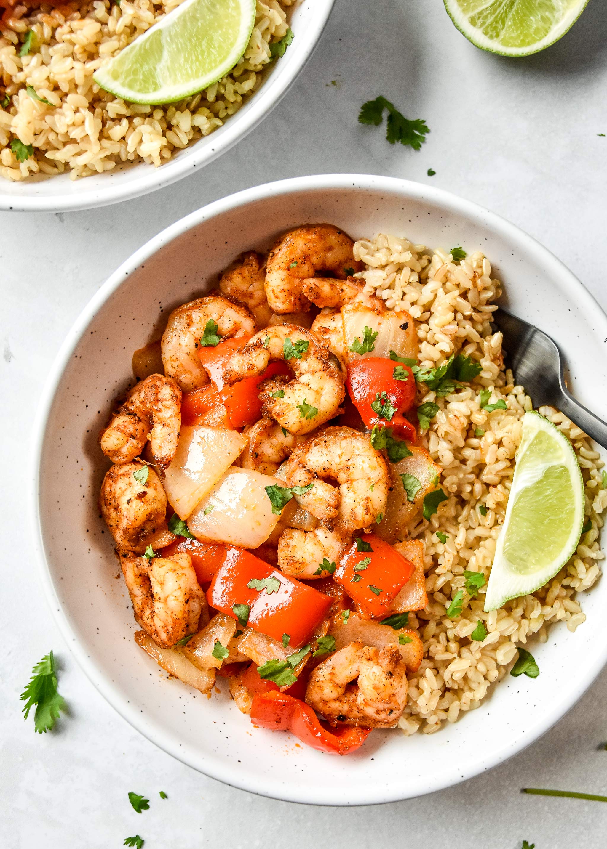 air fryer shrimp and vegetables with rice in a bowl
