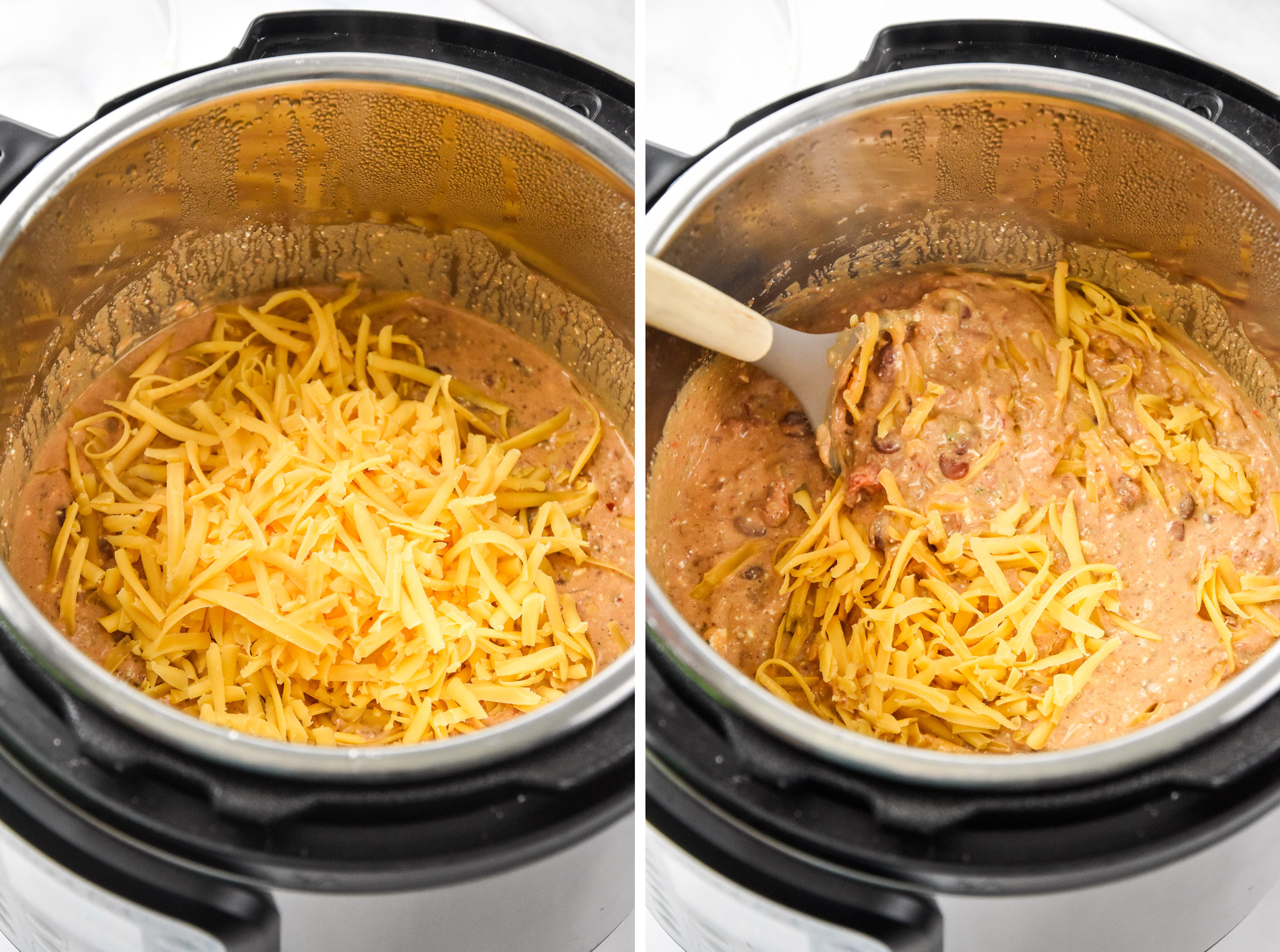 adding cheese to the instant pot for the chili cheese dip