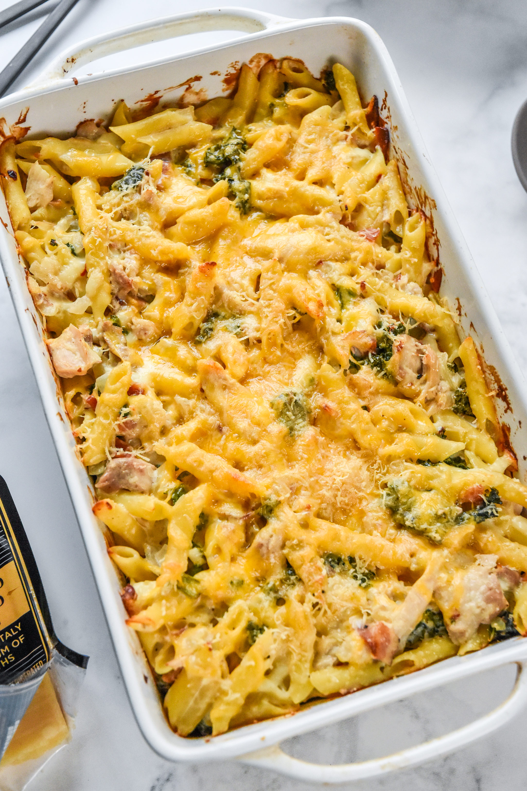 cheesy chicken bacon ranch kale casserole fresh from the oven