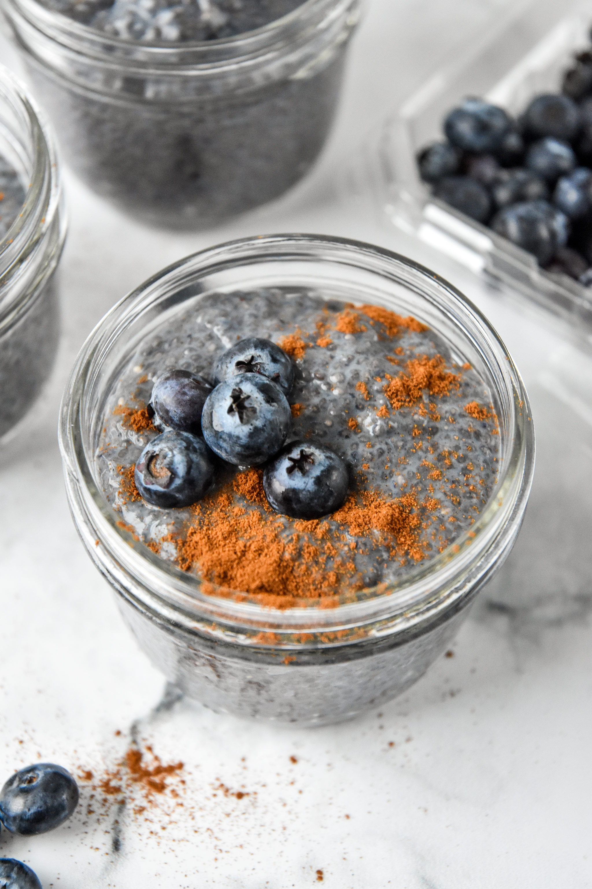 blueberry spice chia pudding with fresh blueberries and cinnamon on top