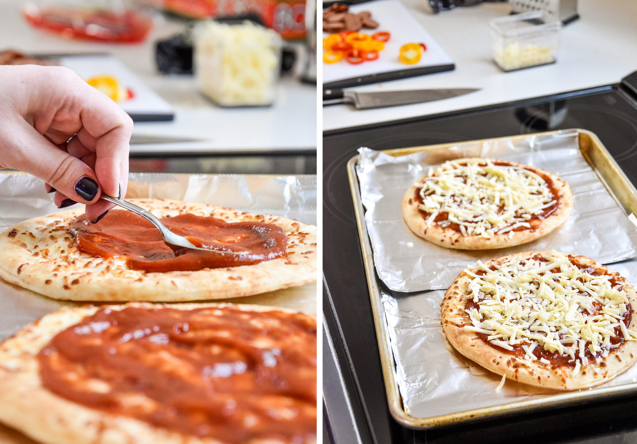assembling the personal pizzas with sauce and cheese
