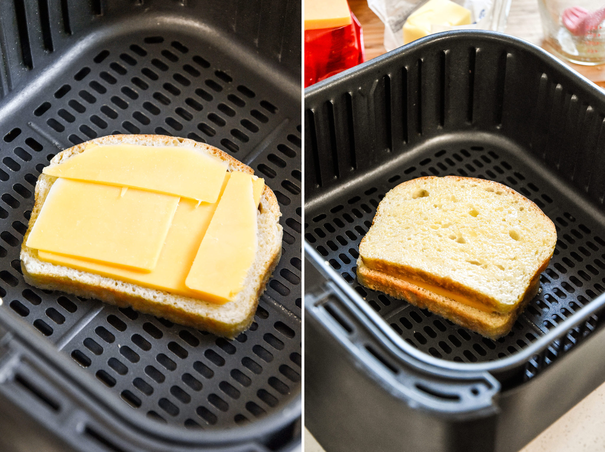 assembling a grilled cheese sandwich in an air fryer