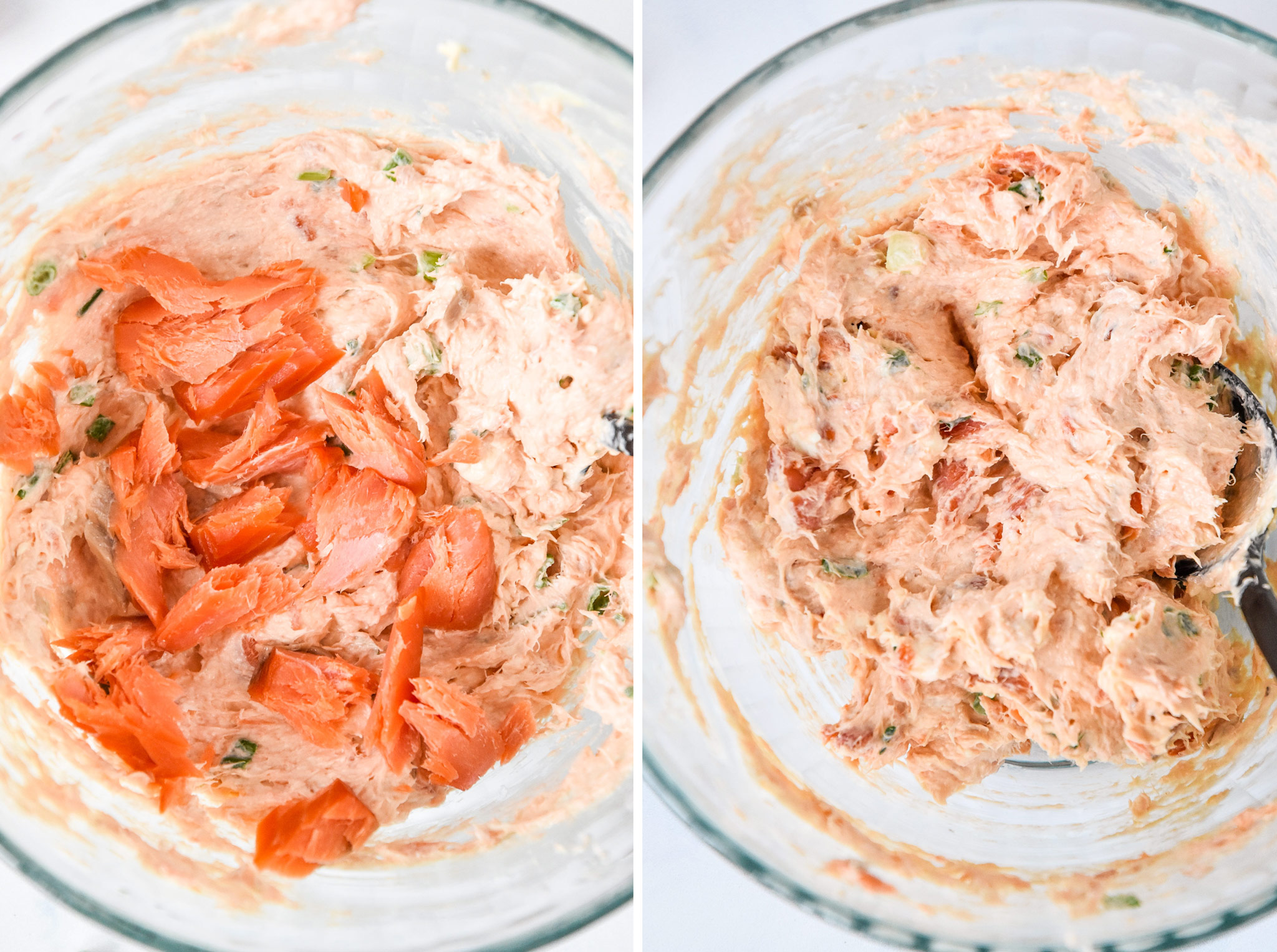 mixing in the chunks into the smoked salmon dip.