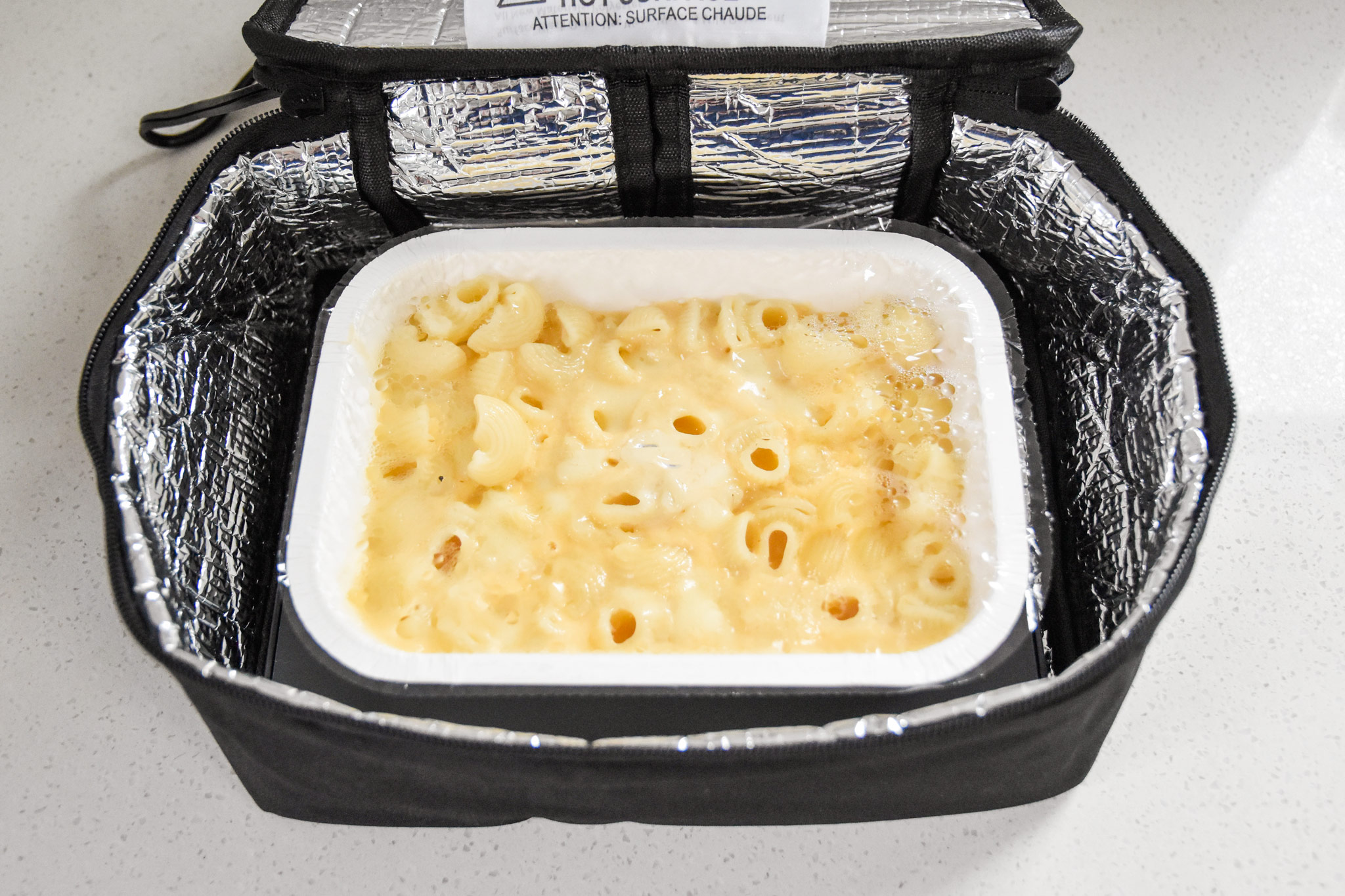 macaroni and cheese meal cooked in the hotlogic mini portable oven.