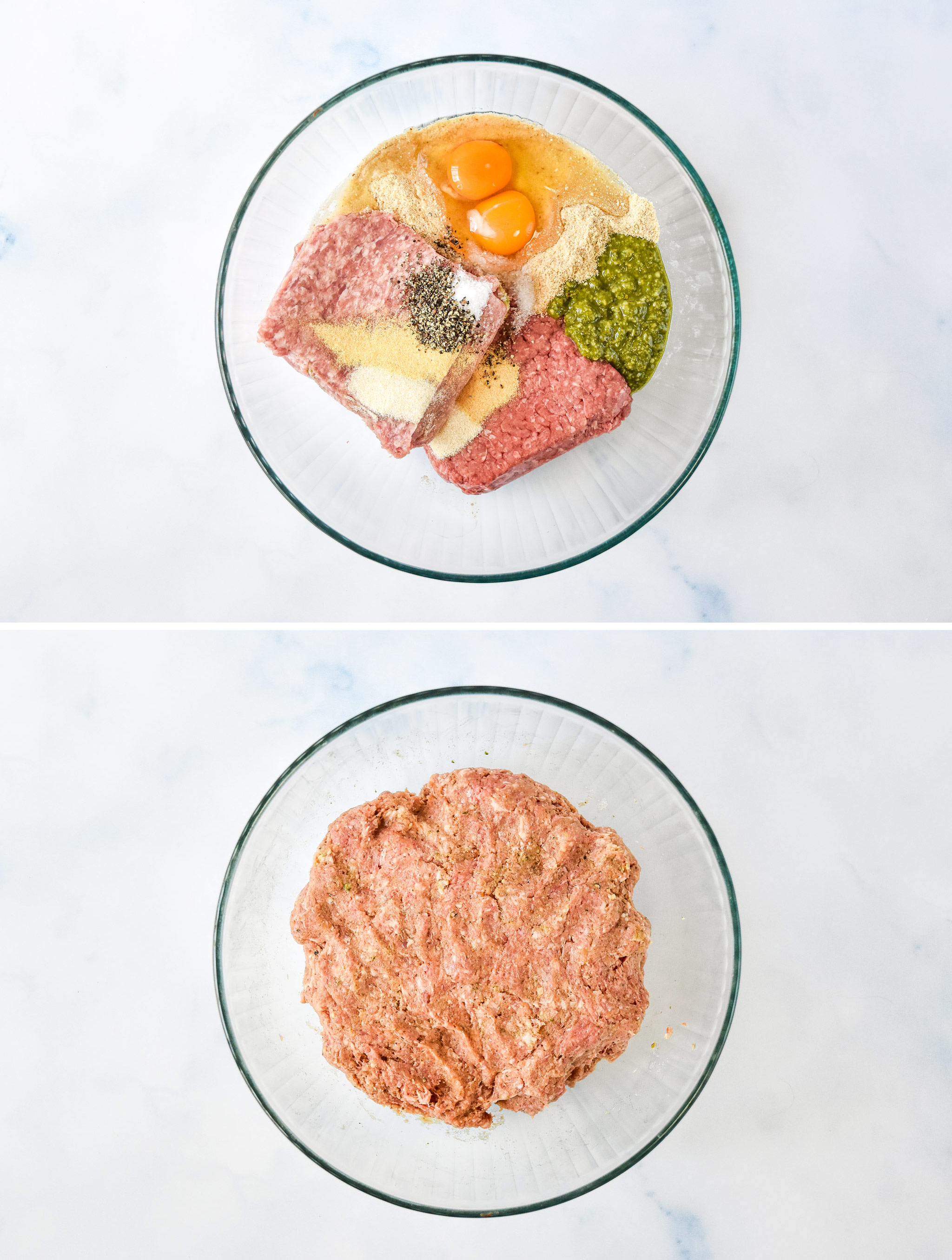 before and after mixing all the meatball ingredients together in a glass bowl.