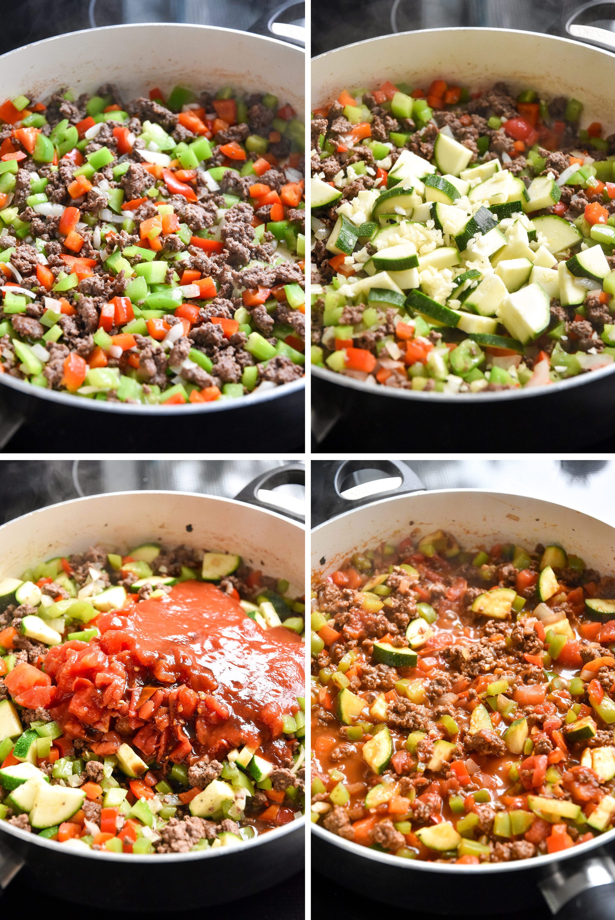 4 steps of cooking the meal prep unstuffed pepper bowls on the stovetop.