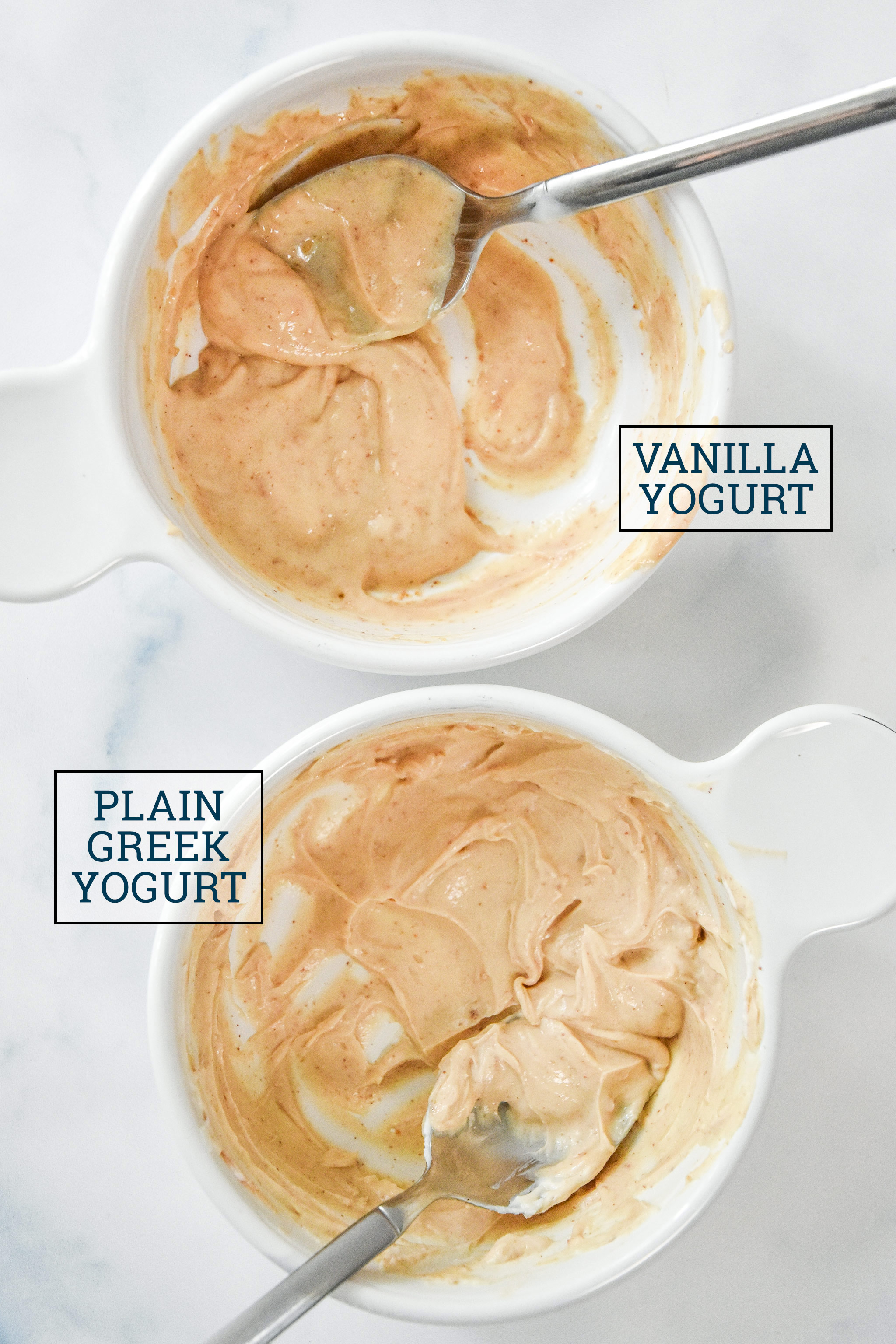 two tests of the peanut butter yogurt dip with greek yogurt and vanilla yogurt.