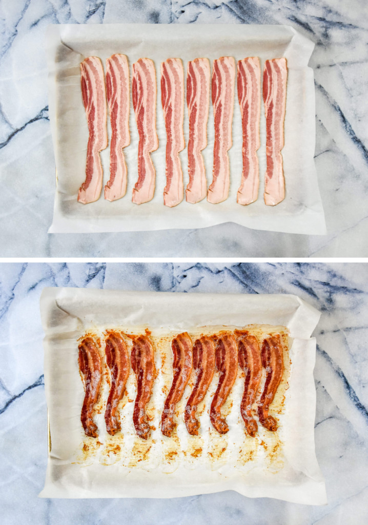raw and cooked bacon on a rimmed sheet pan lined with parchment paper.