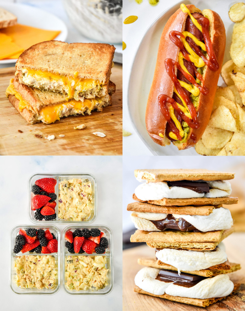 four foods including air fryer tuna melt, hot dogs, tuna egg salad meal prep and smores.